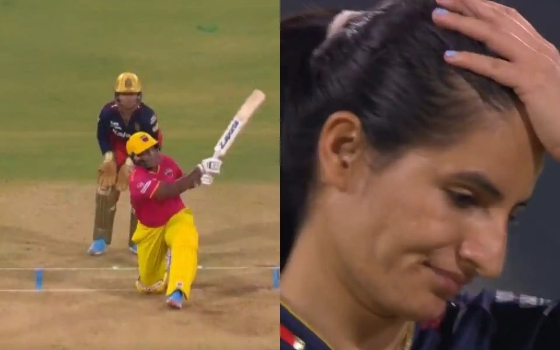 Renuka Singh in anguish amidst Kiran Navgire's blitz [Source: @wplt20/x]
