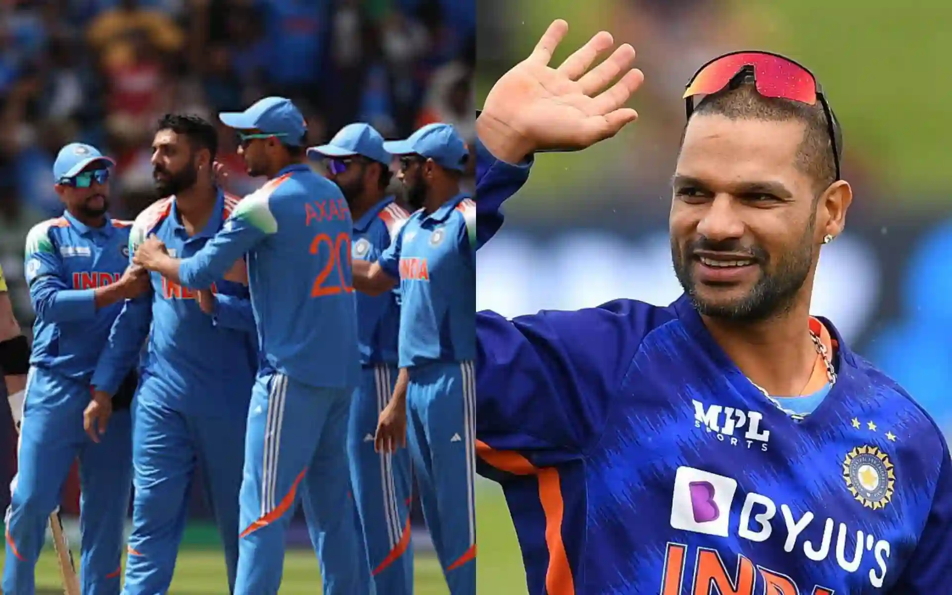 Indian team players and Shikhar Dhawan [Source: @ICC, @mufaddal_vohra/x]
