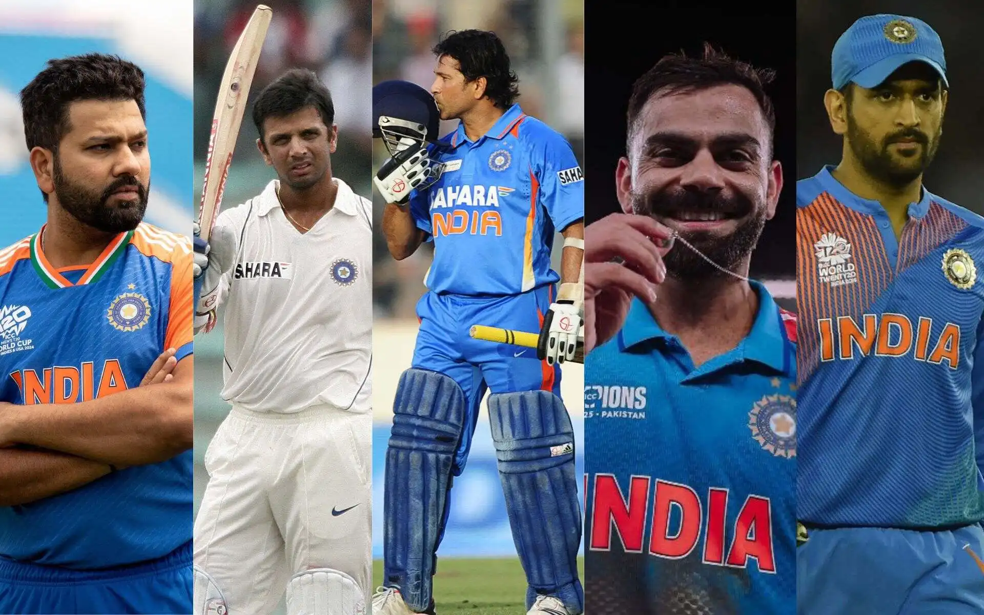 Rohit, Dravid, Tendulkar, Kohli & Dhoni & (Source: @ICC/X.com, @BCCI/X.com)