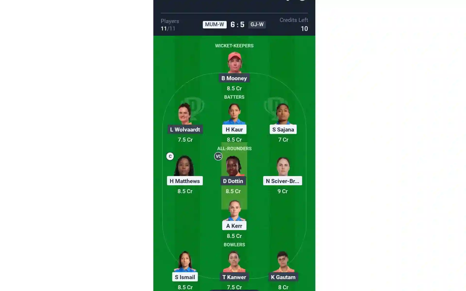MI vs GG WPL 2025: Dream11 Team 1 (Source: @Dream11App)