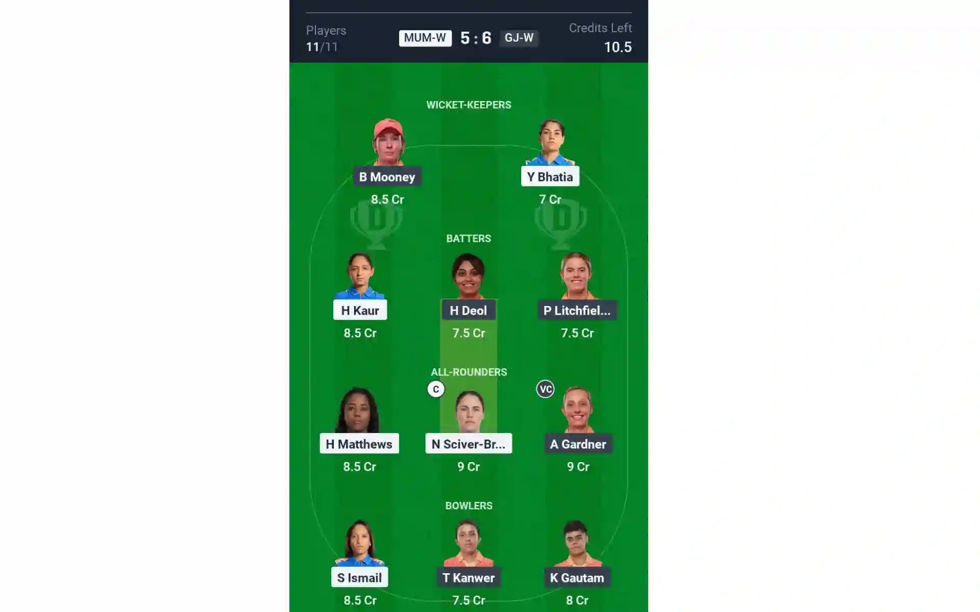 MI vs GG WPL 2025: Dream11 Team 2 (Source: @Dream11App)