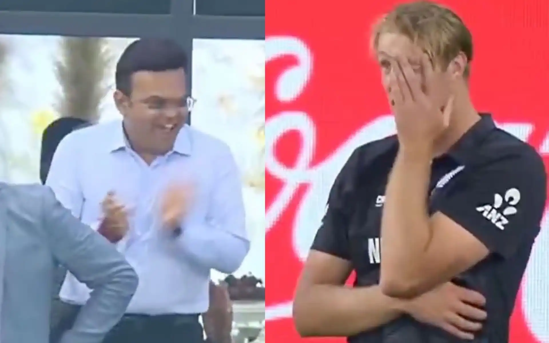 Jay Shah laughing after Jamieson's drop catch (Source:@VikasYadav66200/X.com)