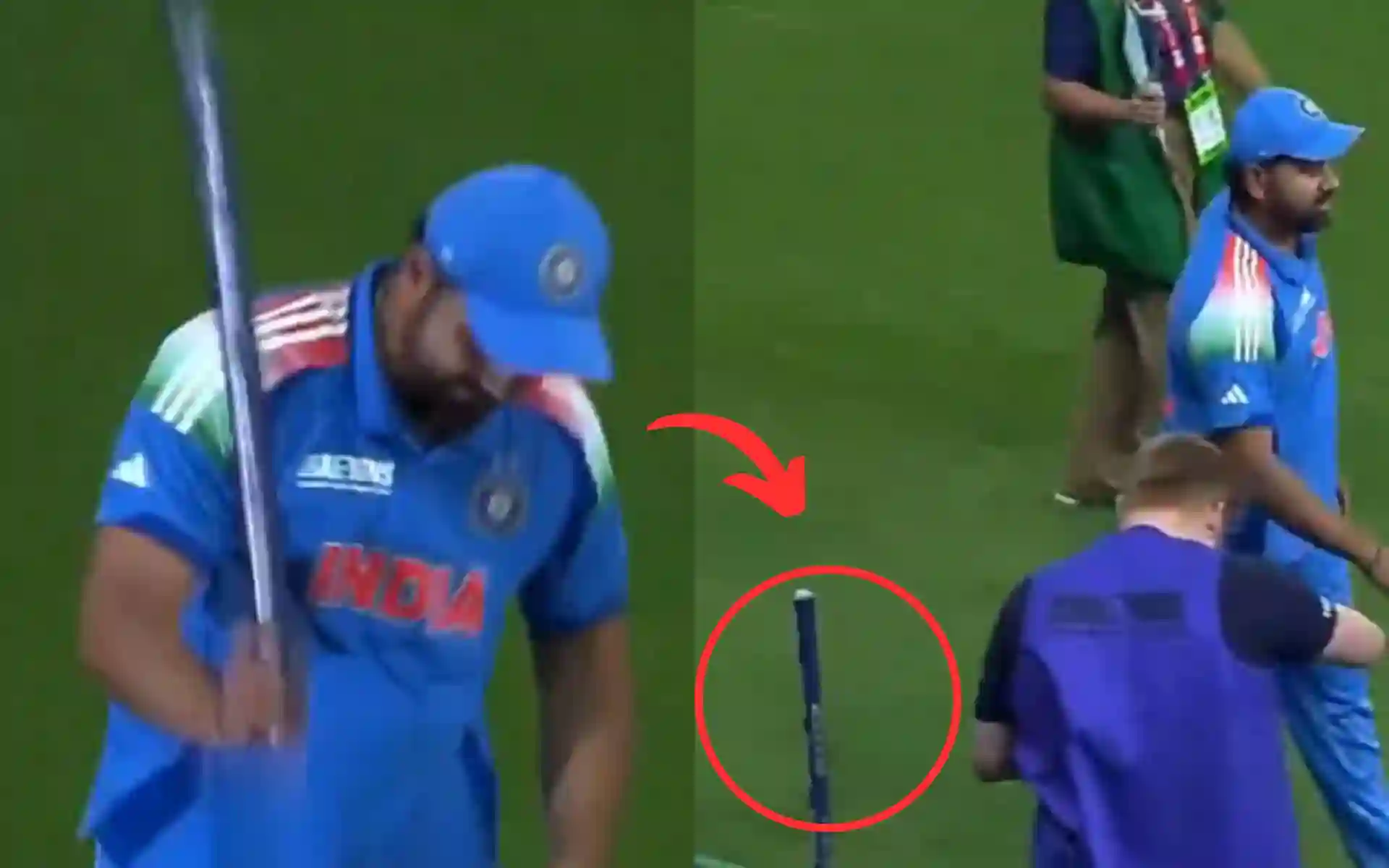 Rohit Sharma pulls off cool trick with stump [Source: @kuchnahi1269083/X.com]