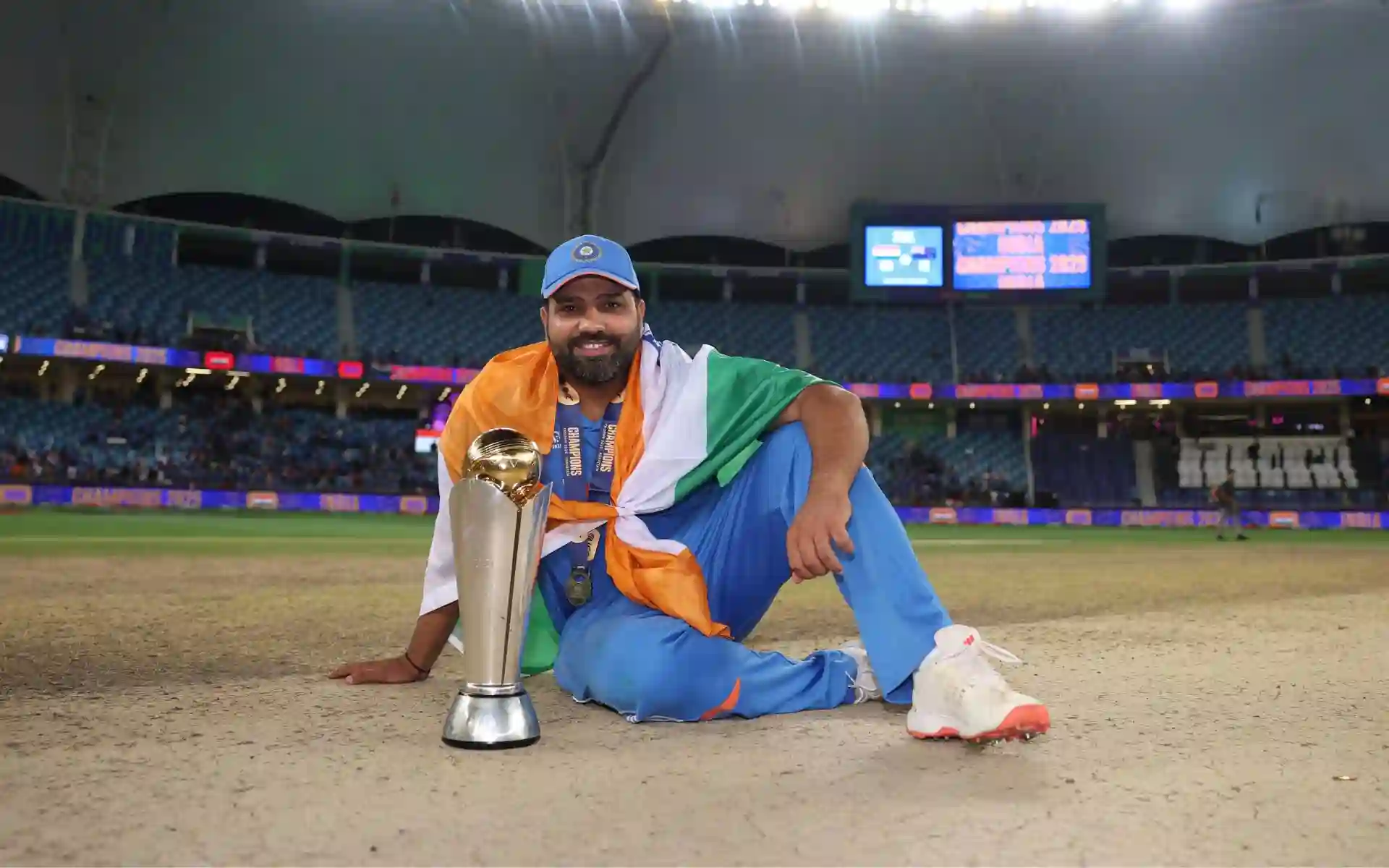 Rohit Sharma with the Champions Trophy 2025 [Source: @ICC/x.com]