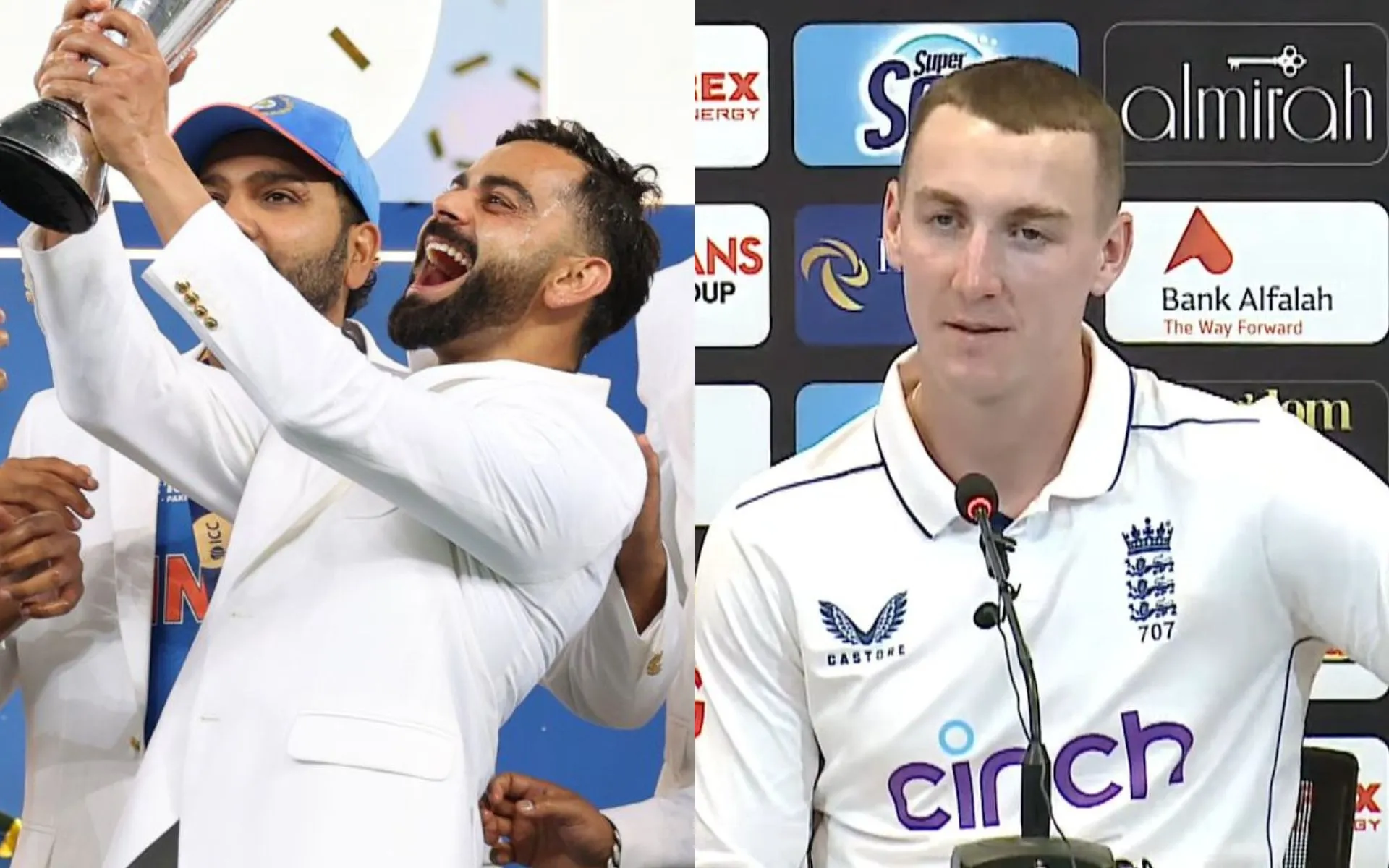 Indian team and Harry Brook [Source: @ICC/x, @mufaddal_vohra/x]