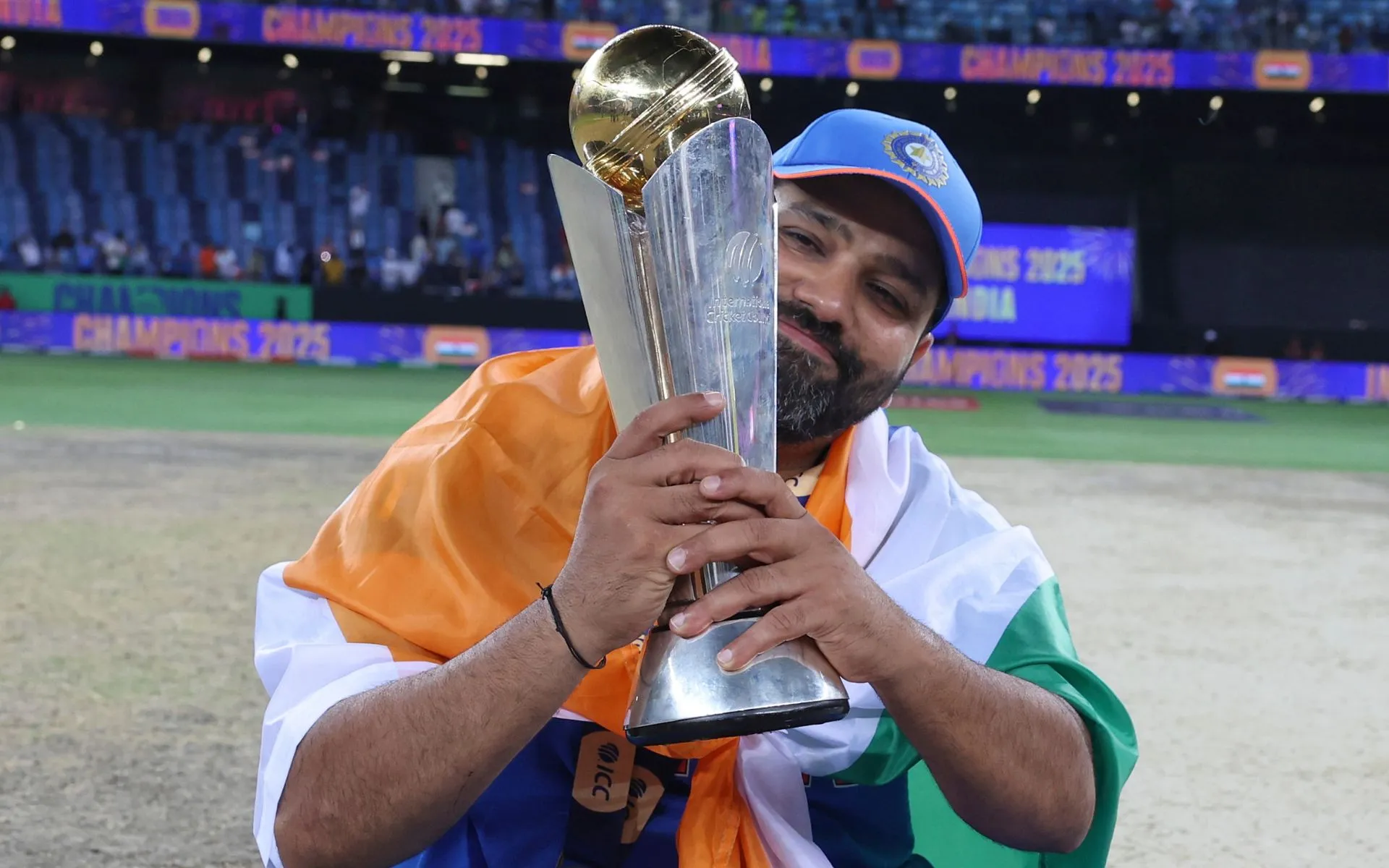 Rohit Sharma with the Champions Trophy. [Source: AP Photos]