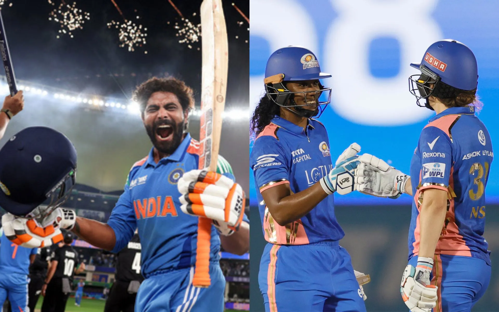 Ravindra Jadeja and Mumbai Indians players [Source: @ICC, @wplt20/x]
