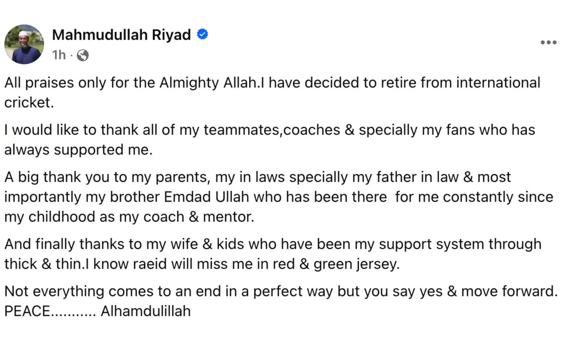 Mahmudullah's retirement post [Source: Mahmudullah Riyad/Facebook]