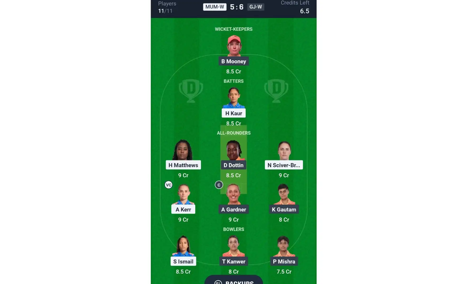 MI-W vs GJ-W Dream11 Team 1: [Source: @Dream11 App]