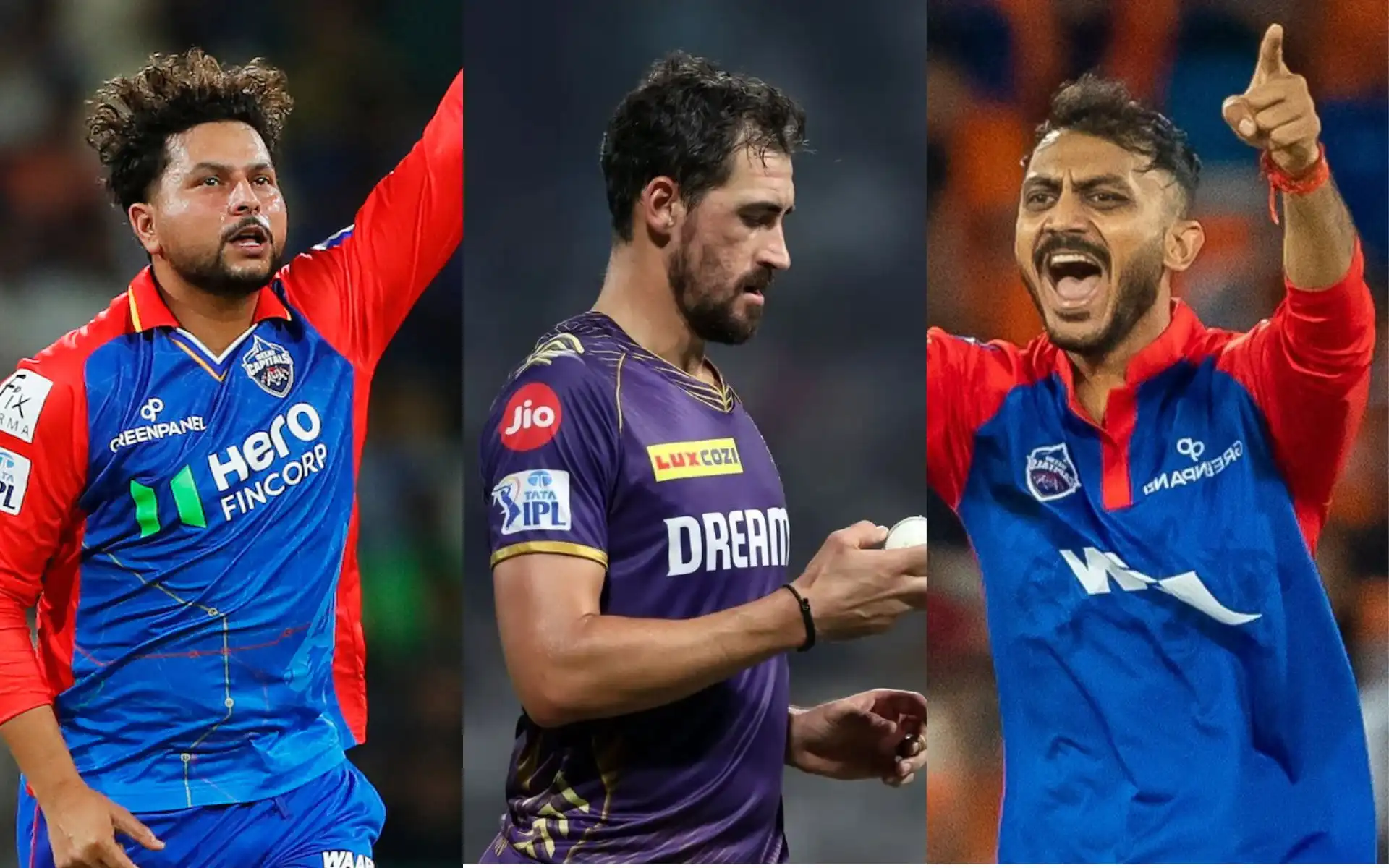 Kuldeep Yadav, Mitchell Starc and Axar Patel [Source: @mufaddal_vohra/X.com]