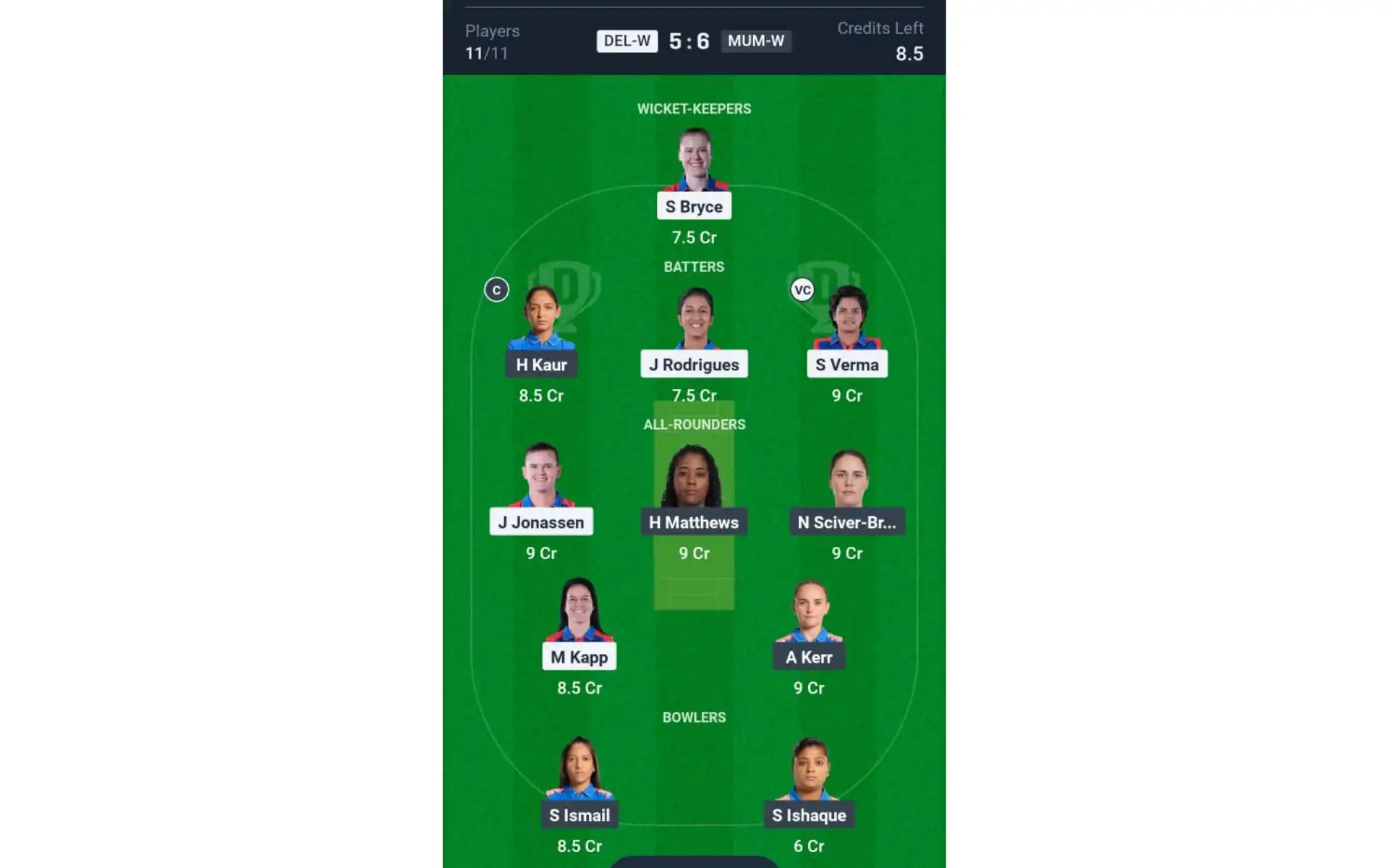 DEL-W vs MUM-W, Dream11 Team 1 [Source: Dream11 App]