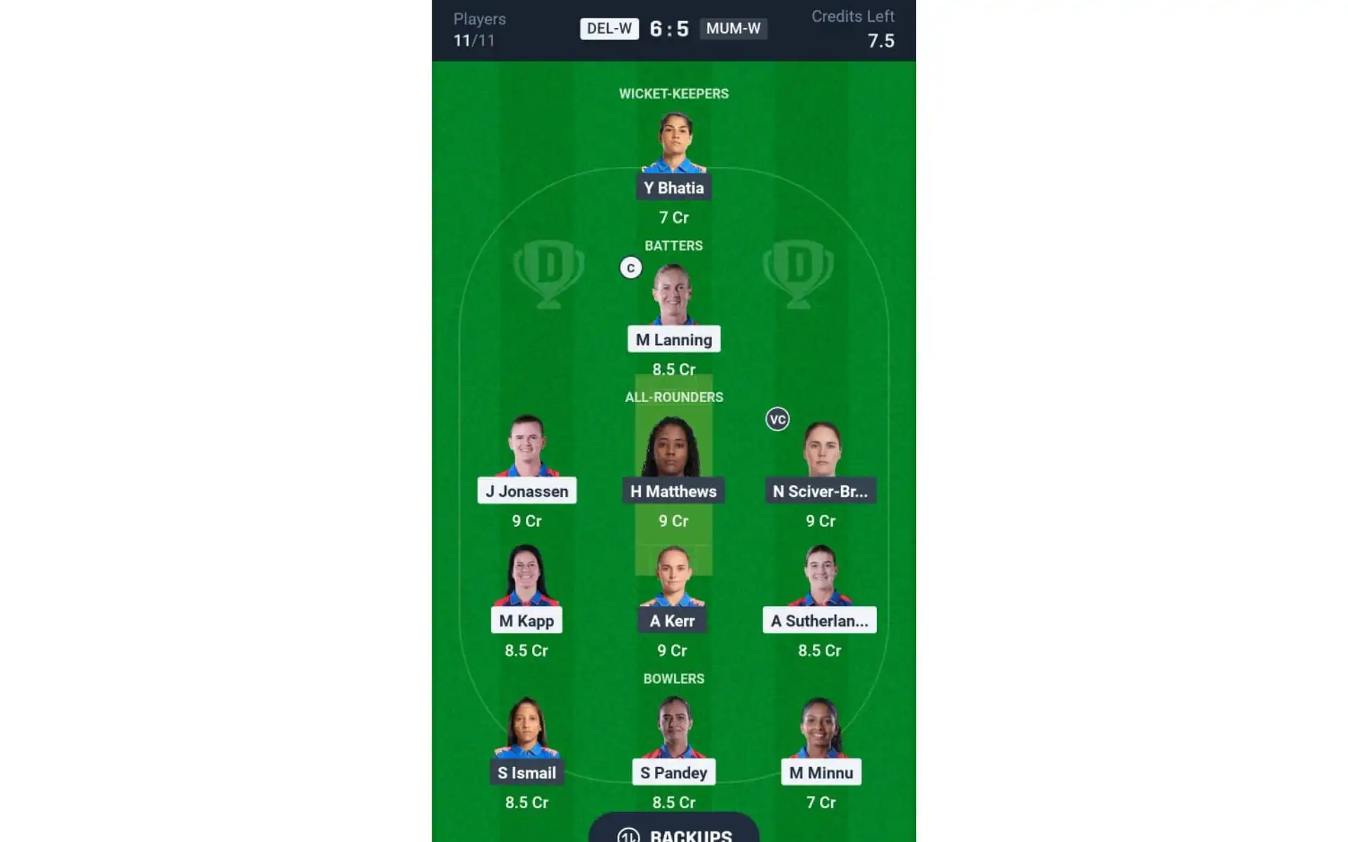DEL-W vs MUM-W, Dream11 Team 2 [Source: Dream11 App]