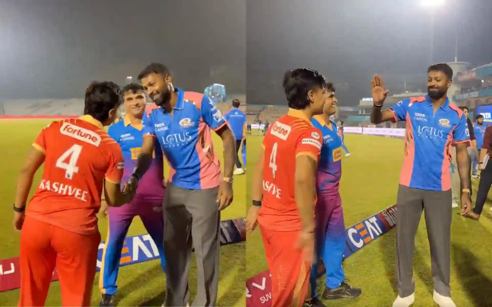 Hardik Pandya greets Kashvee Gautam during WPL [Source: @Giant_Cricket/X.com]
