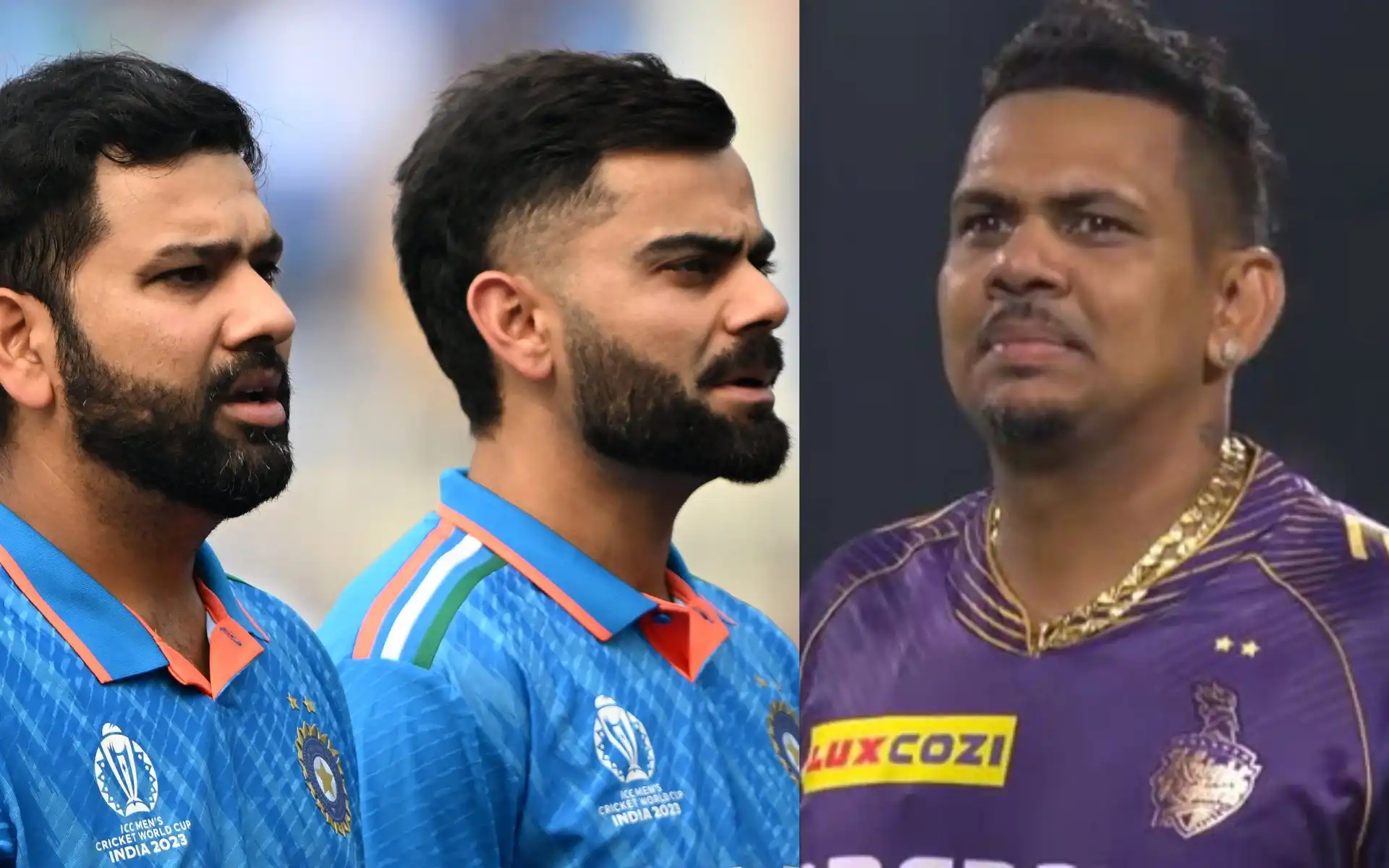 Rohit Sharma with Virat Kohli and Sunil Narine [Source: @mufaddal_vohra/x]