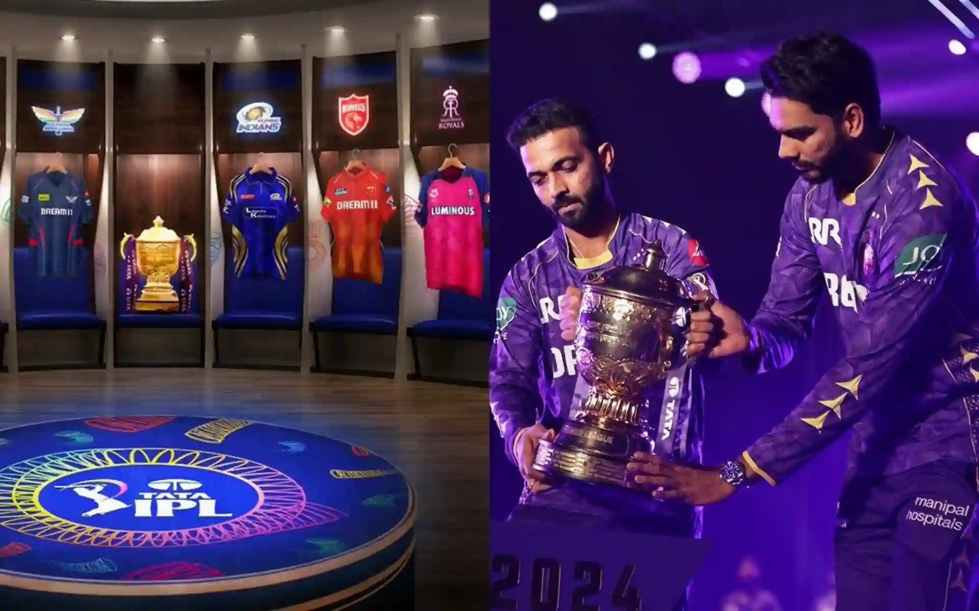 Ajinkya Rahane and Venkatesh Iyer with KKR's IPL 2024 Trophy [Source: @mufaddal_vohra/x.com]