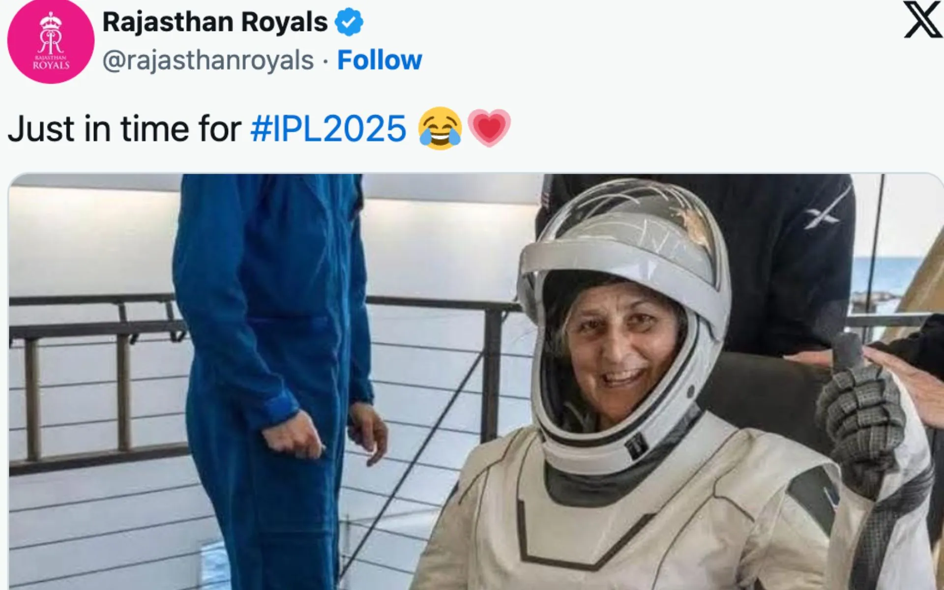 RR's post for astronaut Sunita Williams [Source: @rajasthanroyals/X.com]