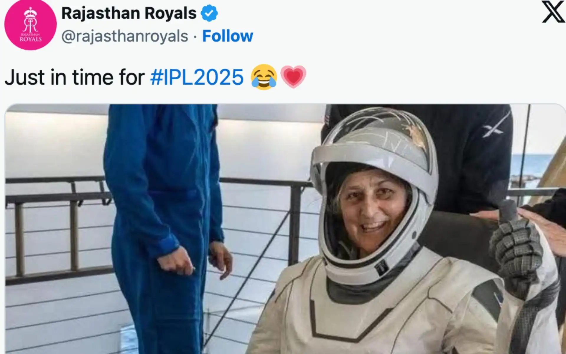 RR's post for astronaut Sunita Williams [Source: @rajasthanroyals/X.com]