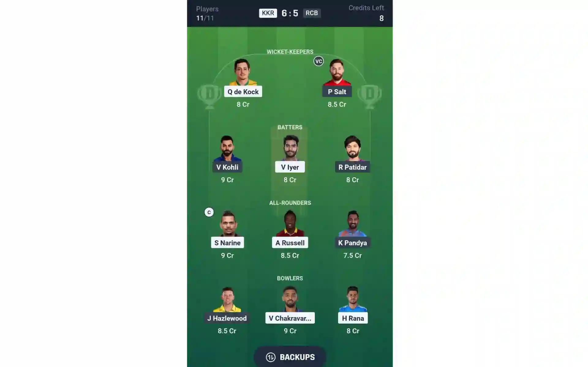 KKR vs RCB, Match 1: Dream11 Team 1 [Source: @Dream11 App]