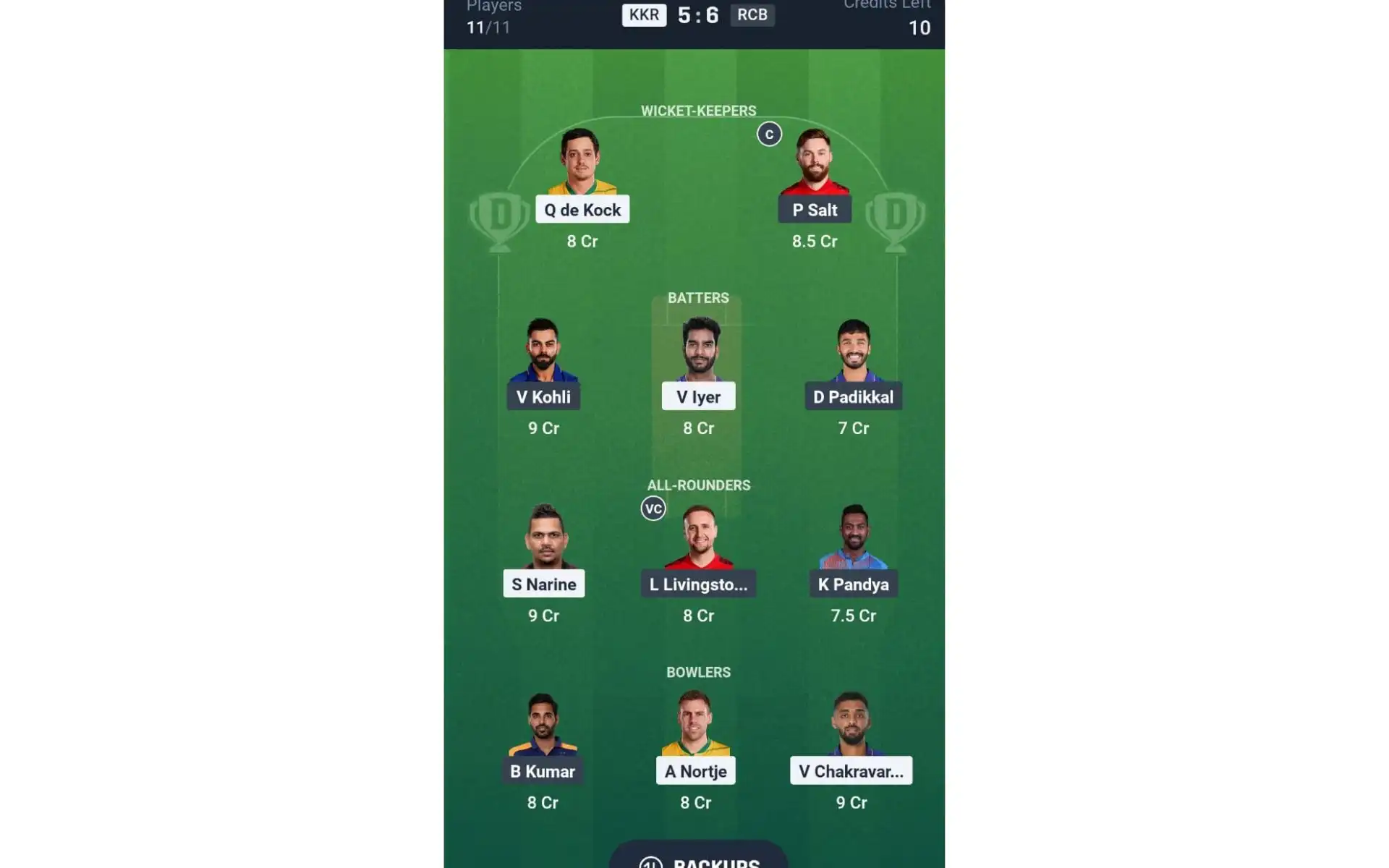 KKR vs RCB, Match 1: Dream11 Team 1 [Source: @Dream11 App]