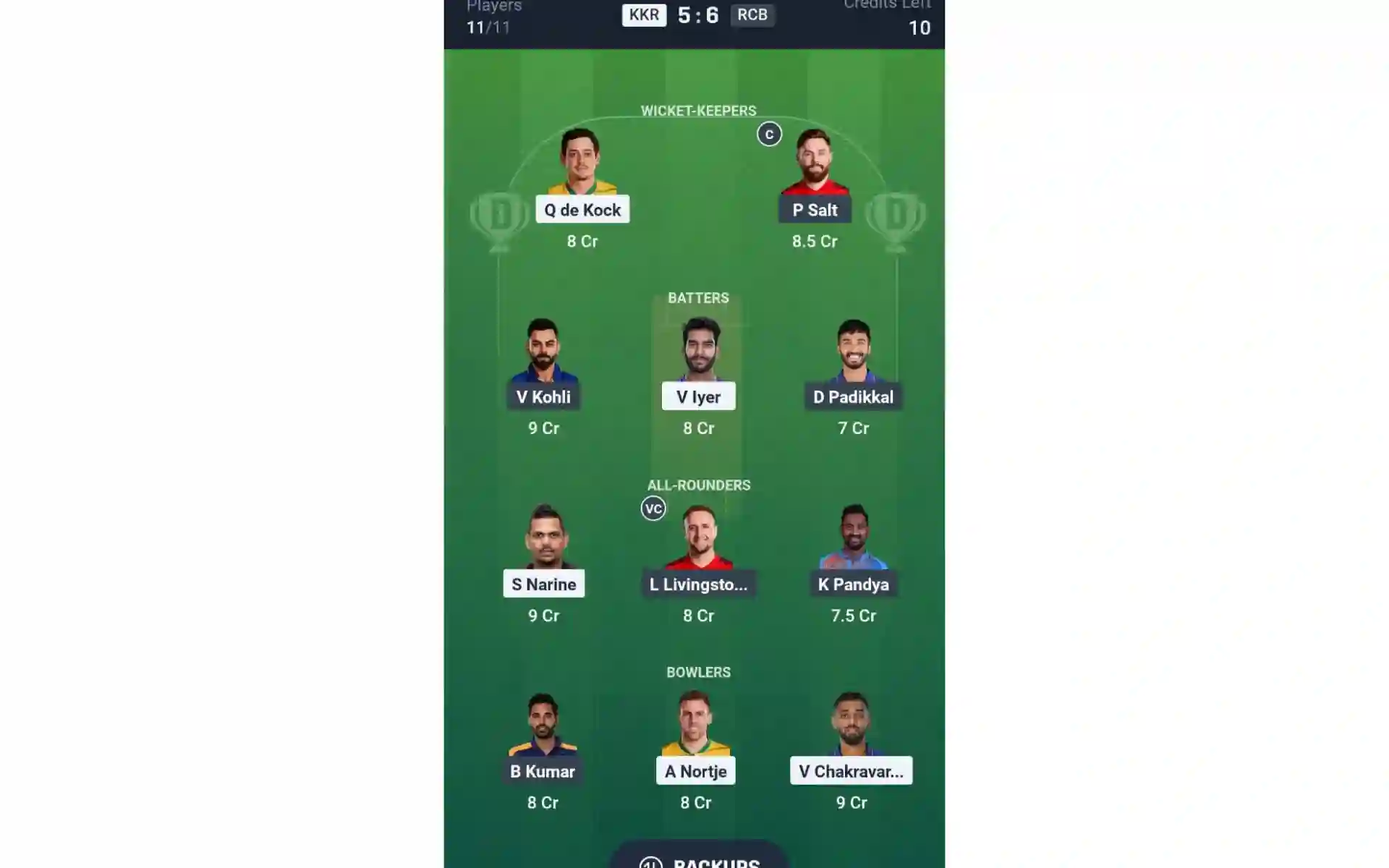 KKR vs RCB, Match 1: Dream11 Team 1 [Source: @Dream11 App]