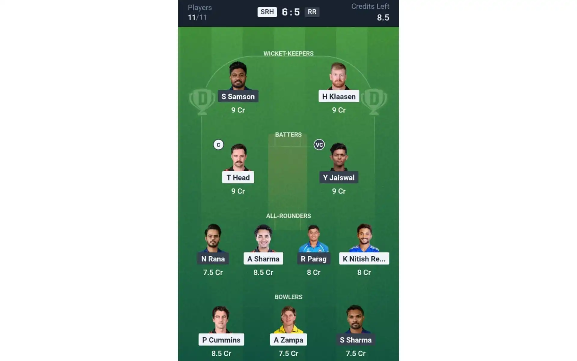 SRH vs RR, Match 2: Dream11 Team 1 [Source: @Dream11 App]