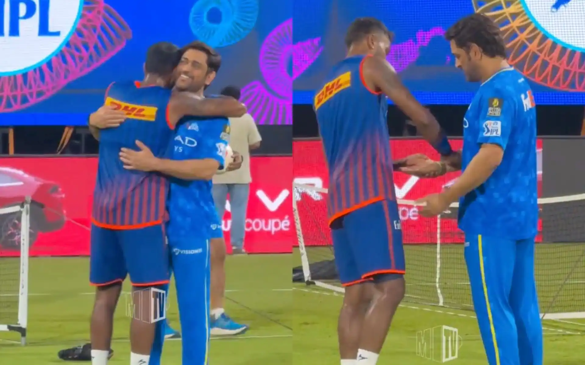Hardik Pandya reunites with MS Dhoni [Source: @mipaltan/X.com]