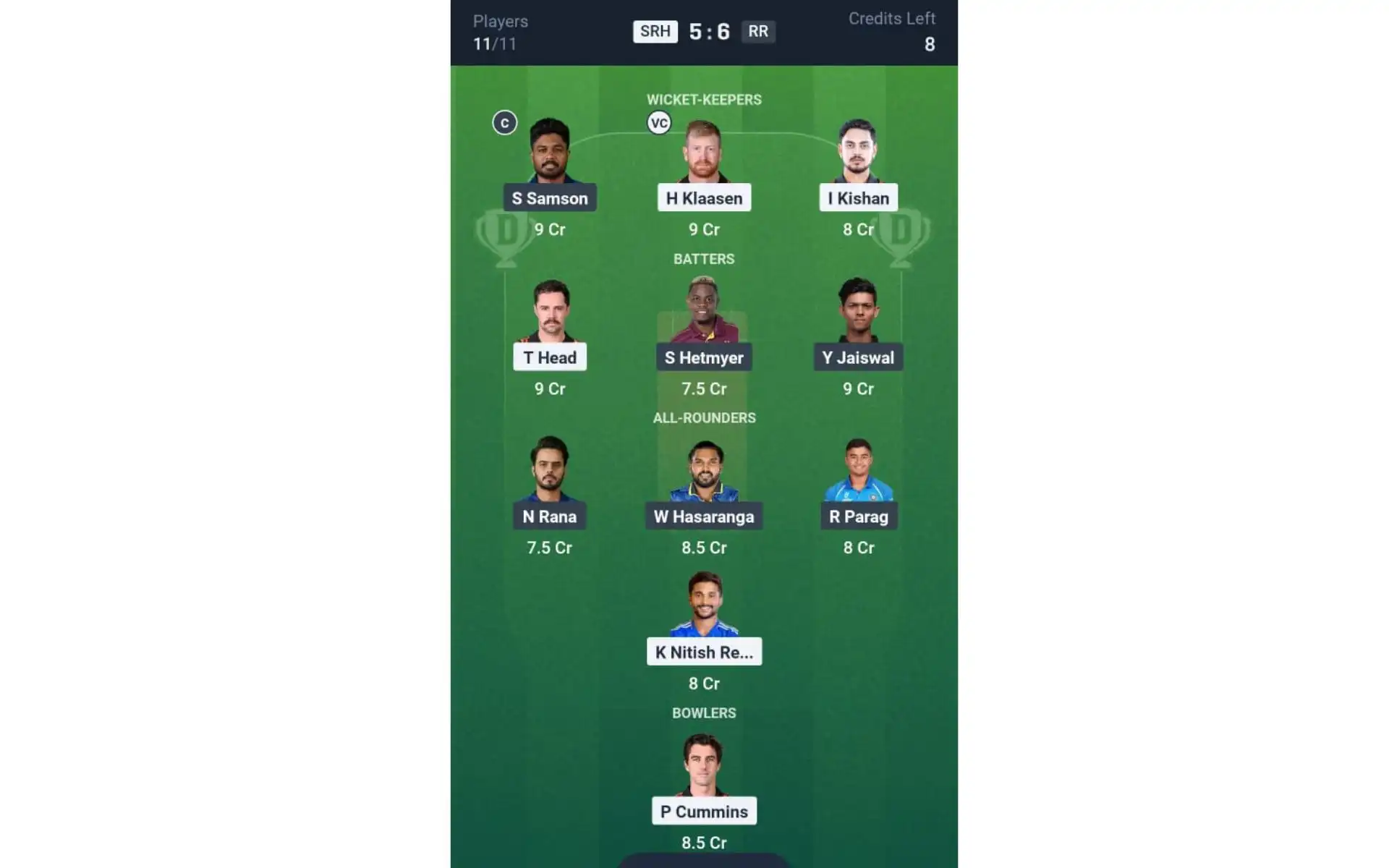 SRH vs RR, Match 2: Dream11 Team 2 [Source: @Dream11 App]