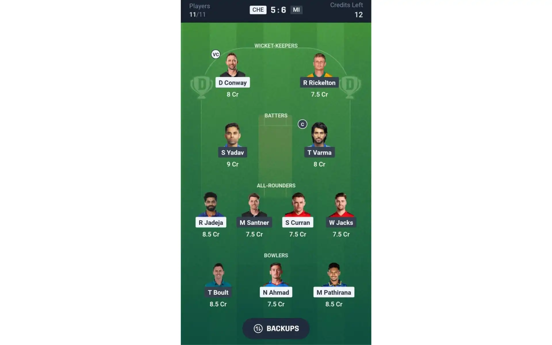 CSK vs MI, Match 3: Dream11 Team 1 [Source: @Dream11 App]