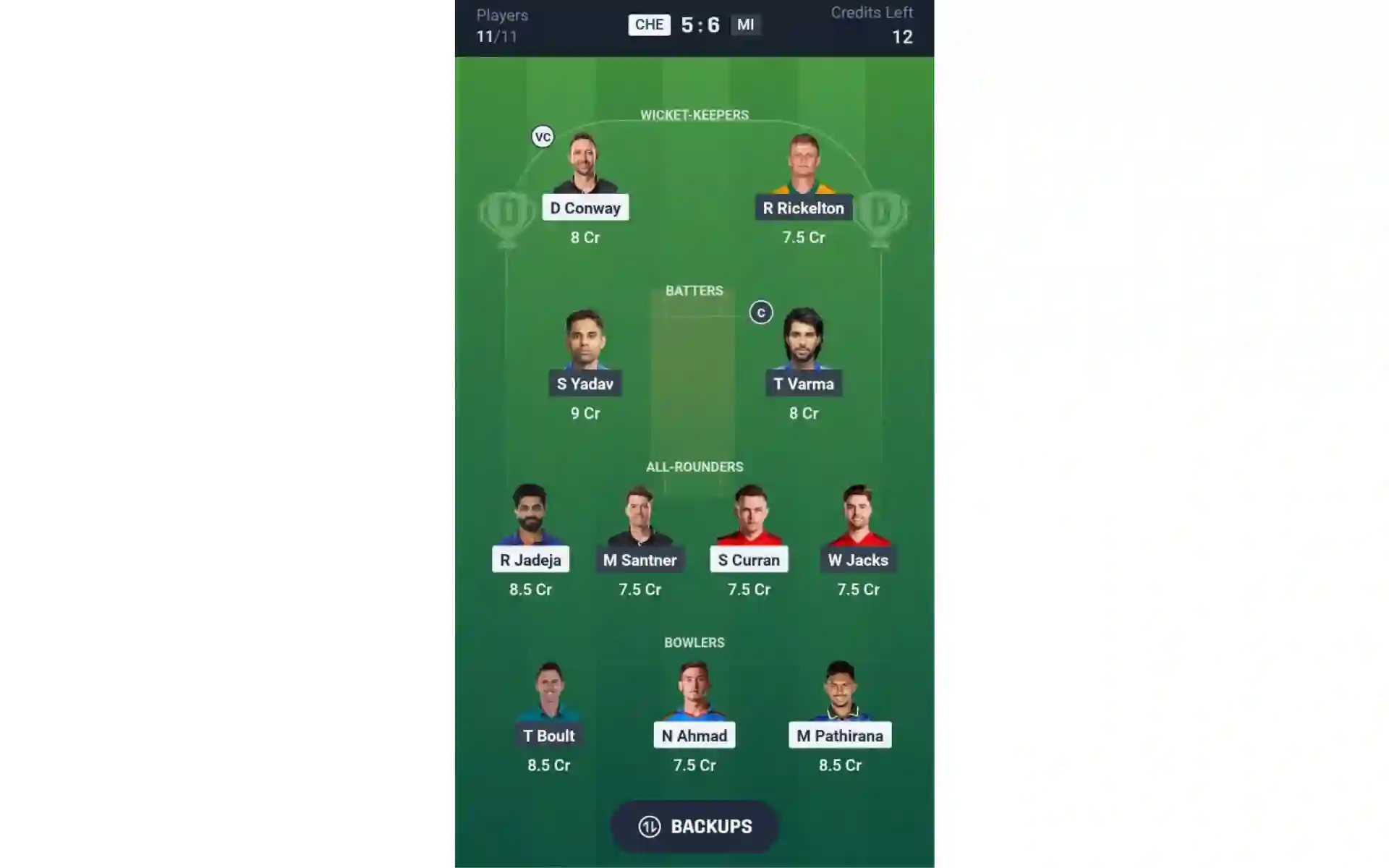 CSK vs MI, Match 3: Dream11 Team 1 [Source: @Dream11 App]