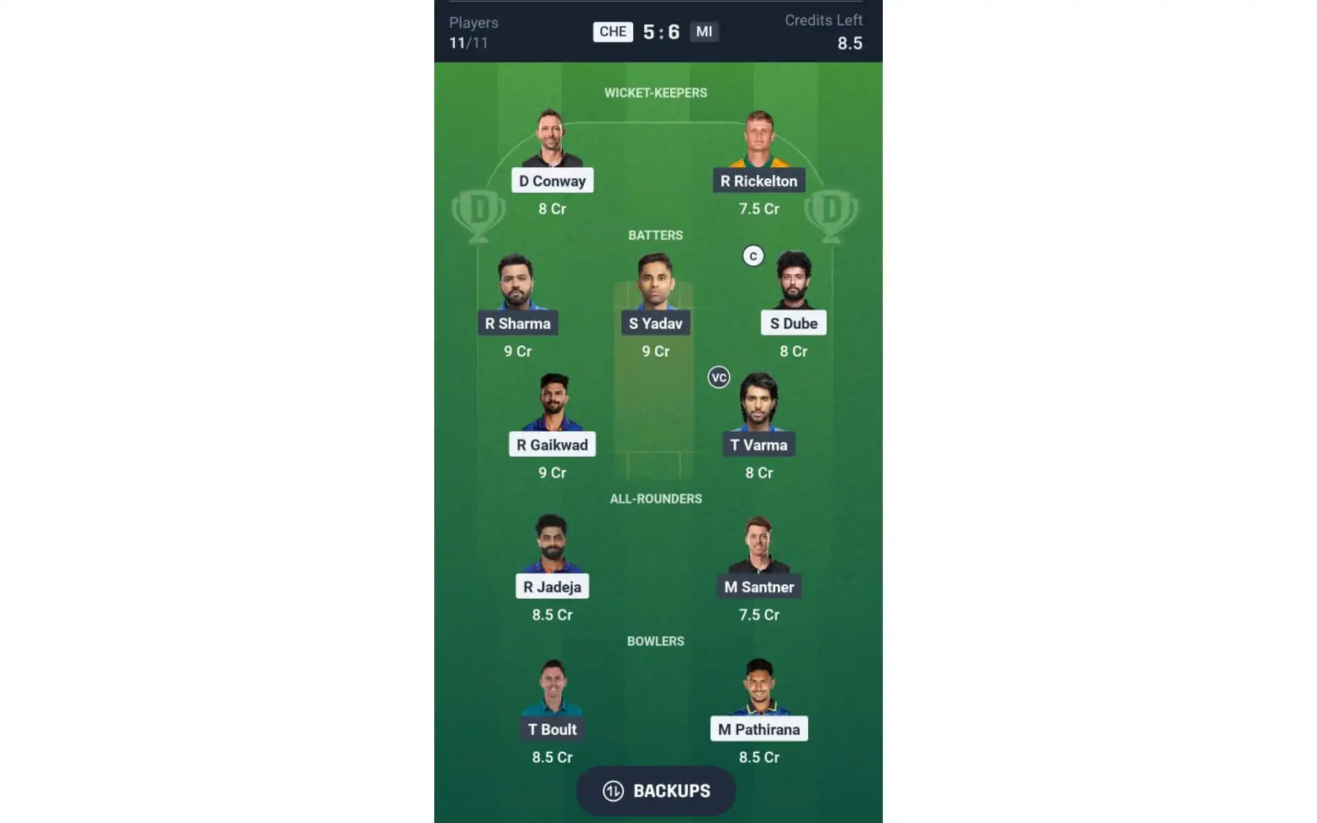 CSK vs MI, Match 3: Dream11 Team 1 [Source: @Dream11 App]