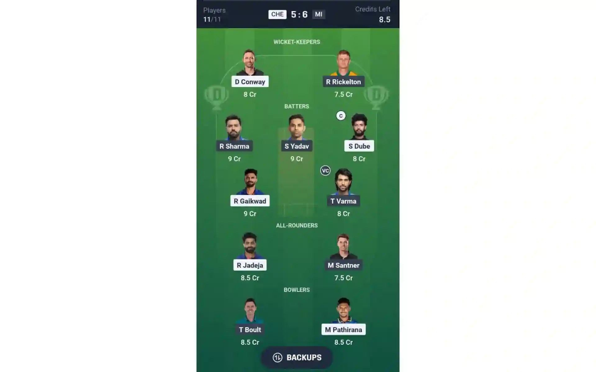 CSK vs MI, Match 3: Dream11 Team 1 [Source: @Dream11 App]