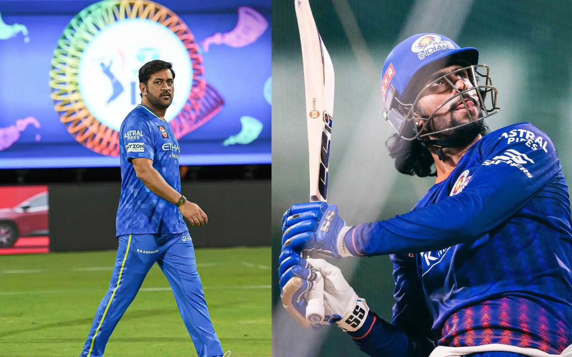 MS Dhoni and Tilak Varma [Source: @mipaltan,@ChennaiIPL/x.com]