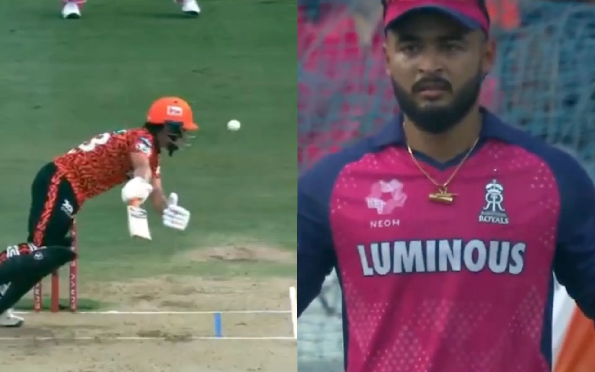Riyan Parag expressed his annoyance after umpire called a delivery by Deshpande wide [Source: @kuchnahi1269083/x.com]
