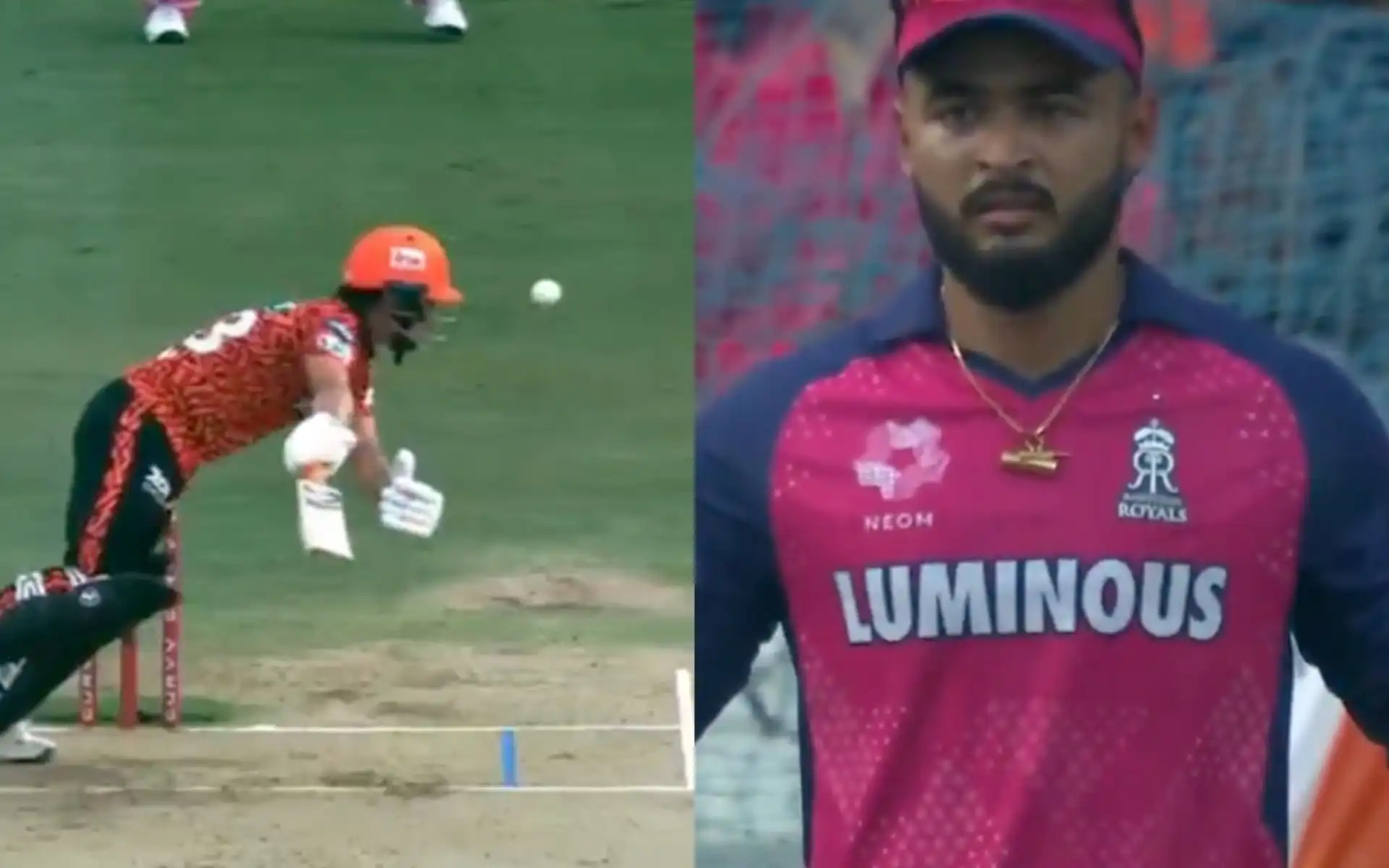 Riyan Parag expressed his annoyance after umpire called a delivery by Deshpande wide [Source: @kuchnahi1269083/x.com]