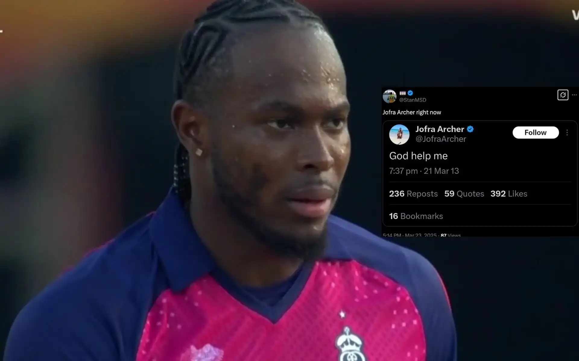 Jofra Archer trolled after bizarre spell in IPL 2025 [Source: @CallMeSheri1, @StanMSD/X.com]