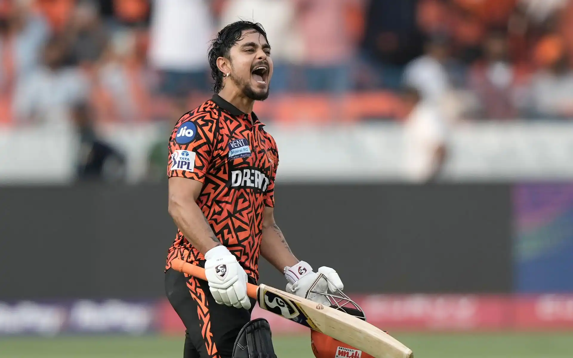 Ishan Kishan celebrating his century vs RR [Source: AP Photos]