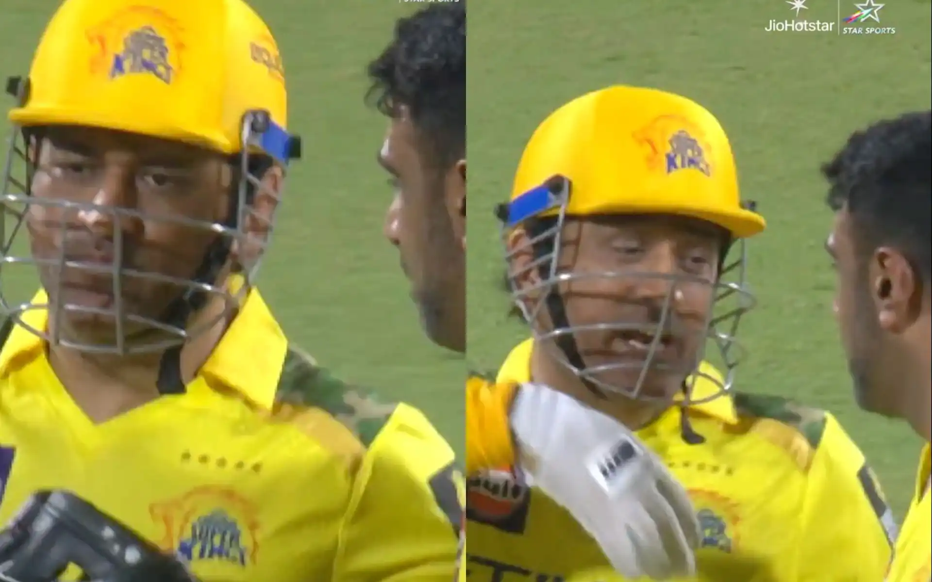 MS Dhoni and Ravichandran Ashwin during the MI match in IPL 2025 [Source: @StarSportsIndia/x.com]