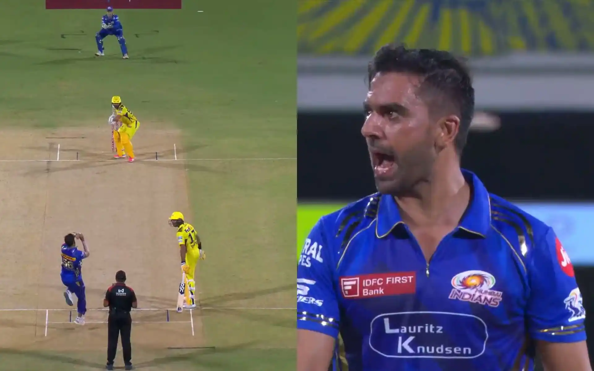Deepak Chahar's celebration after Tripathi's wicket (Source: Screengrab from JioStar)