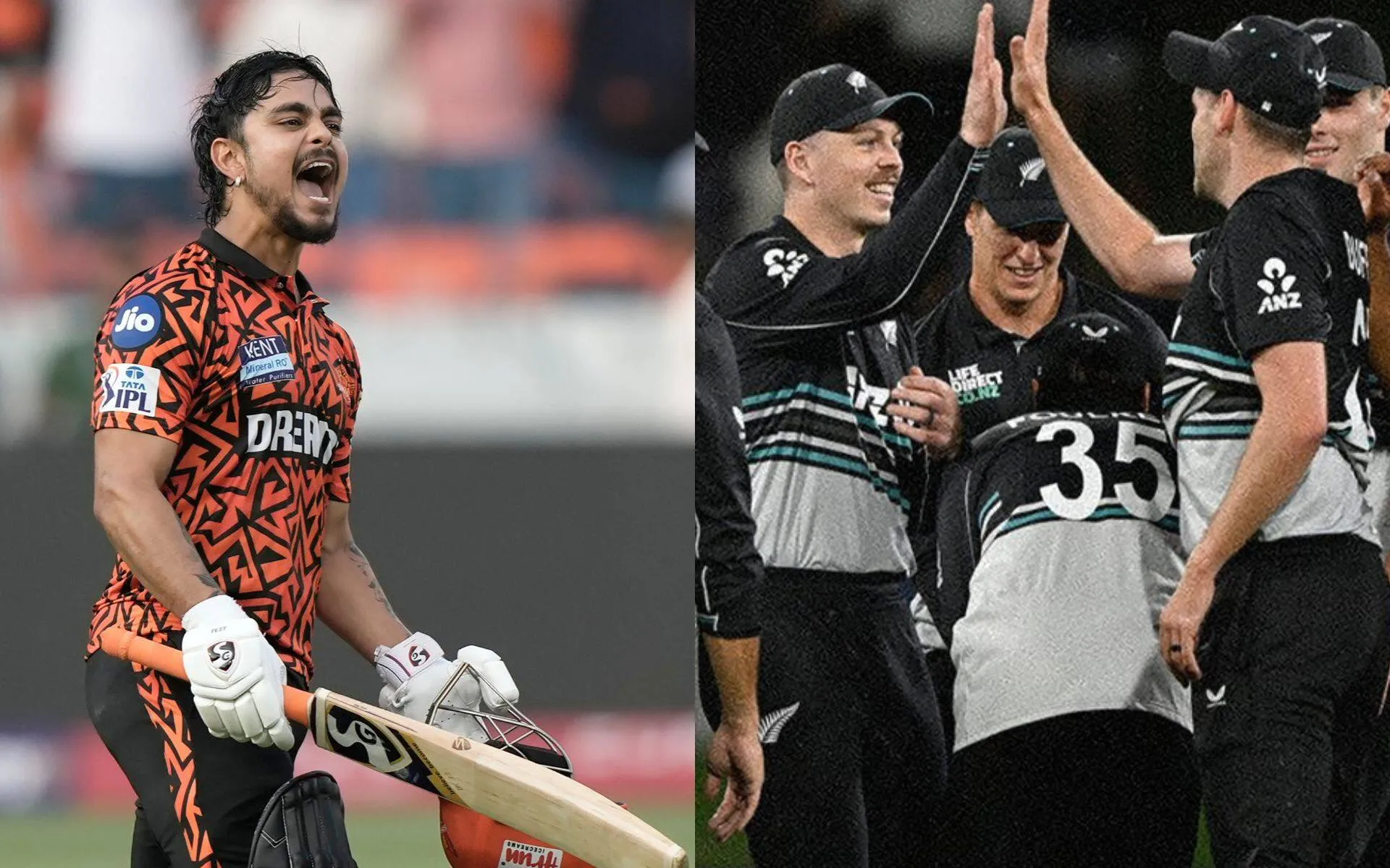 Ishan Kishan and New Zealand players [Source: AP Photos, @BLACKCAPS/x]