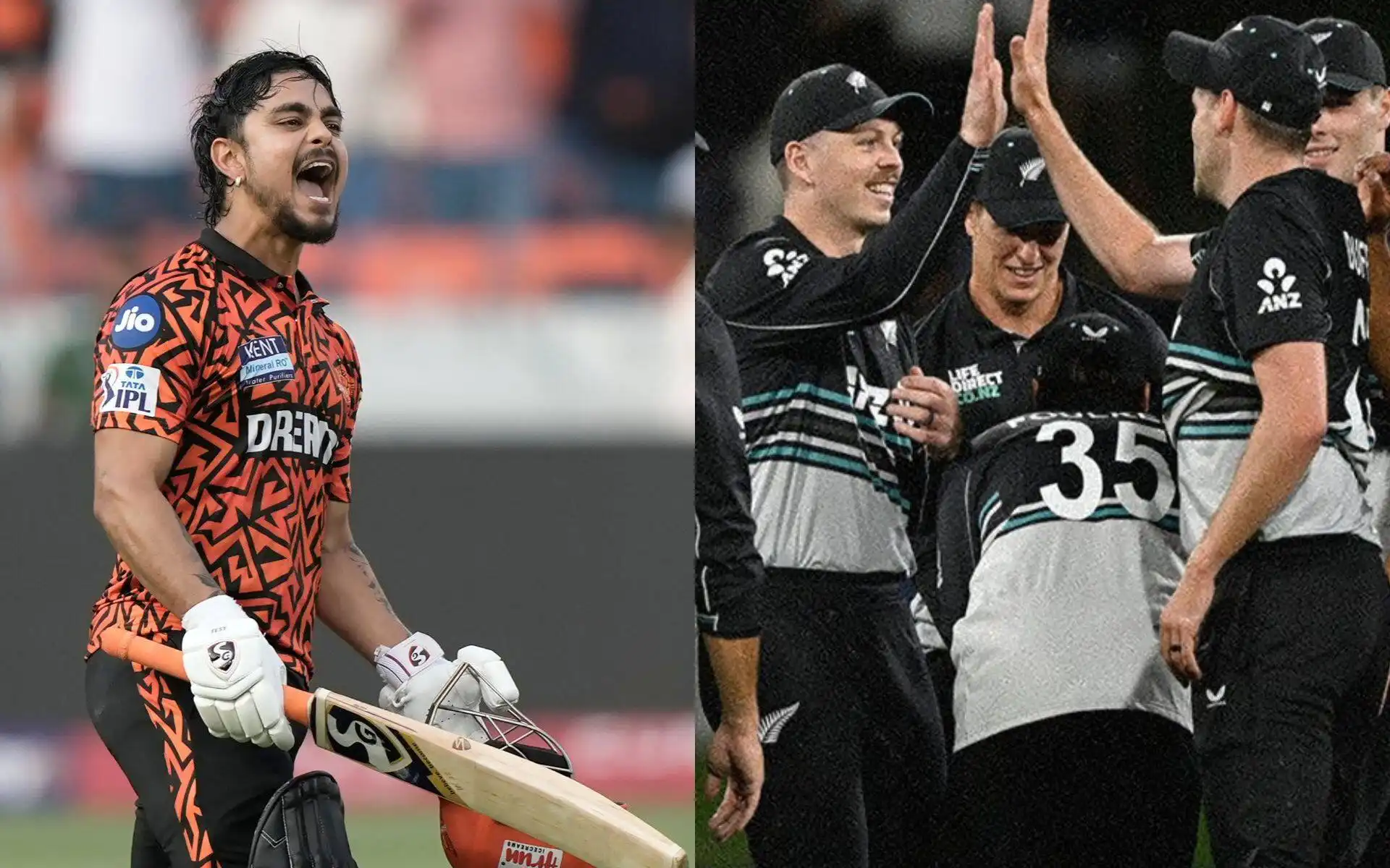 Ishan Kishan and New Zealand players [Source: AP Photos, @BLACKCAPS/x]