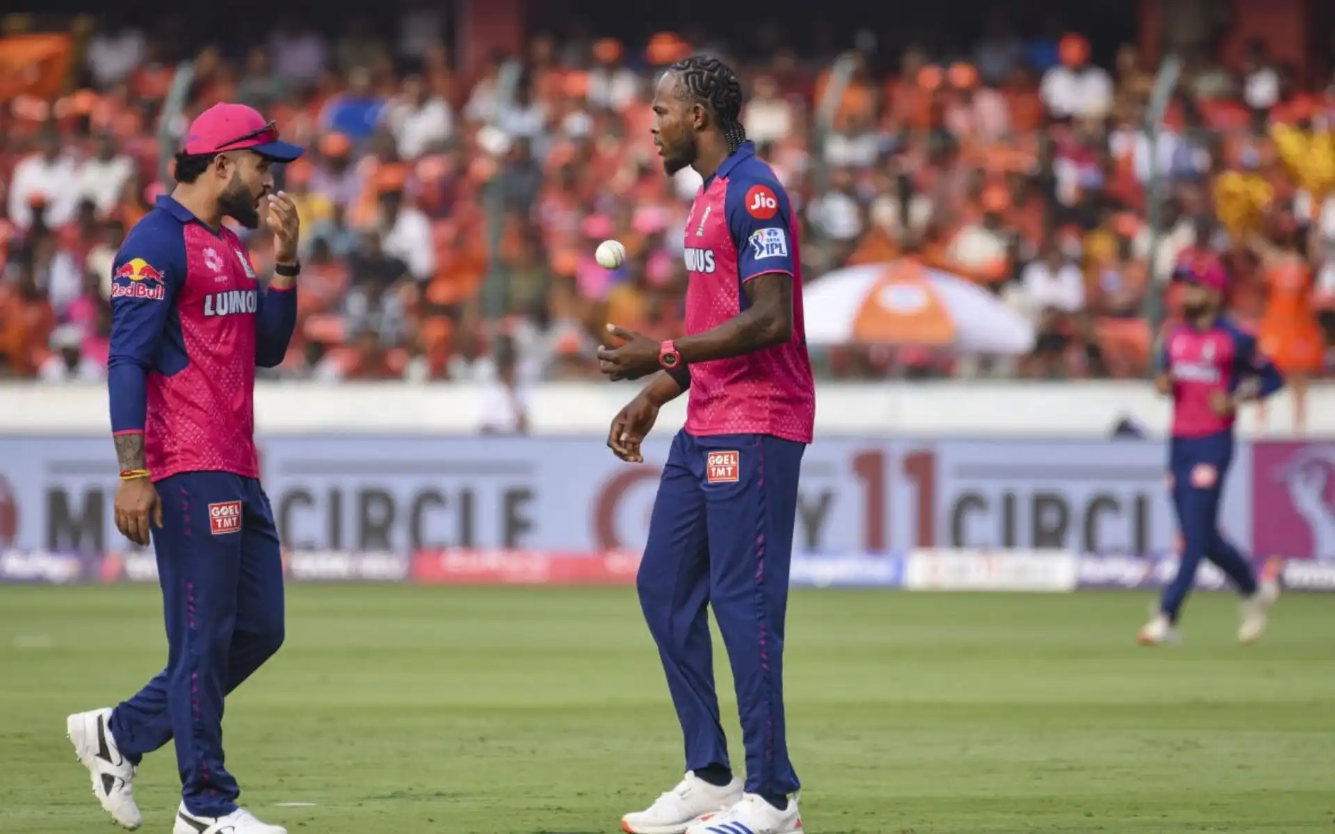 Jofra Archer with Riyan Parag during the SRH game in IPL 2025 [Source: @circleofcricket/x.com]