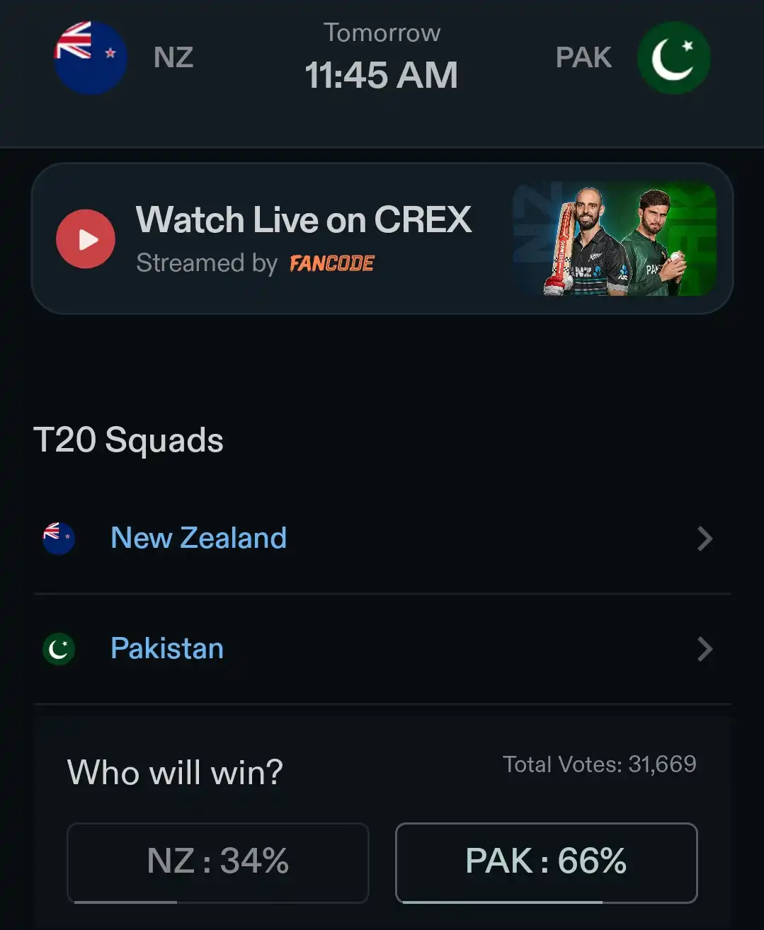 NZ vs PAK (Source: CREX)