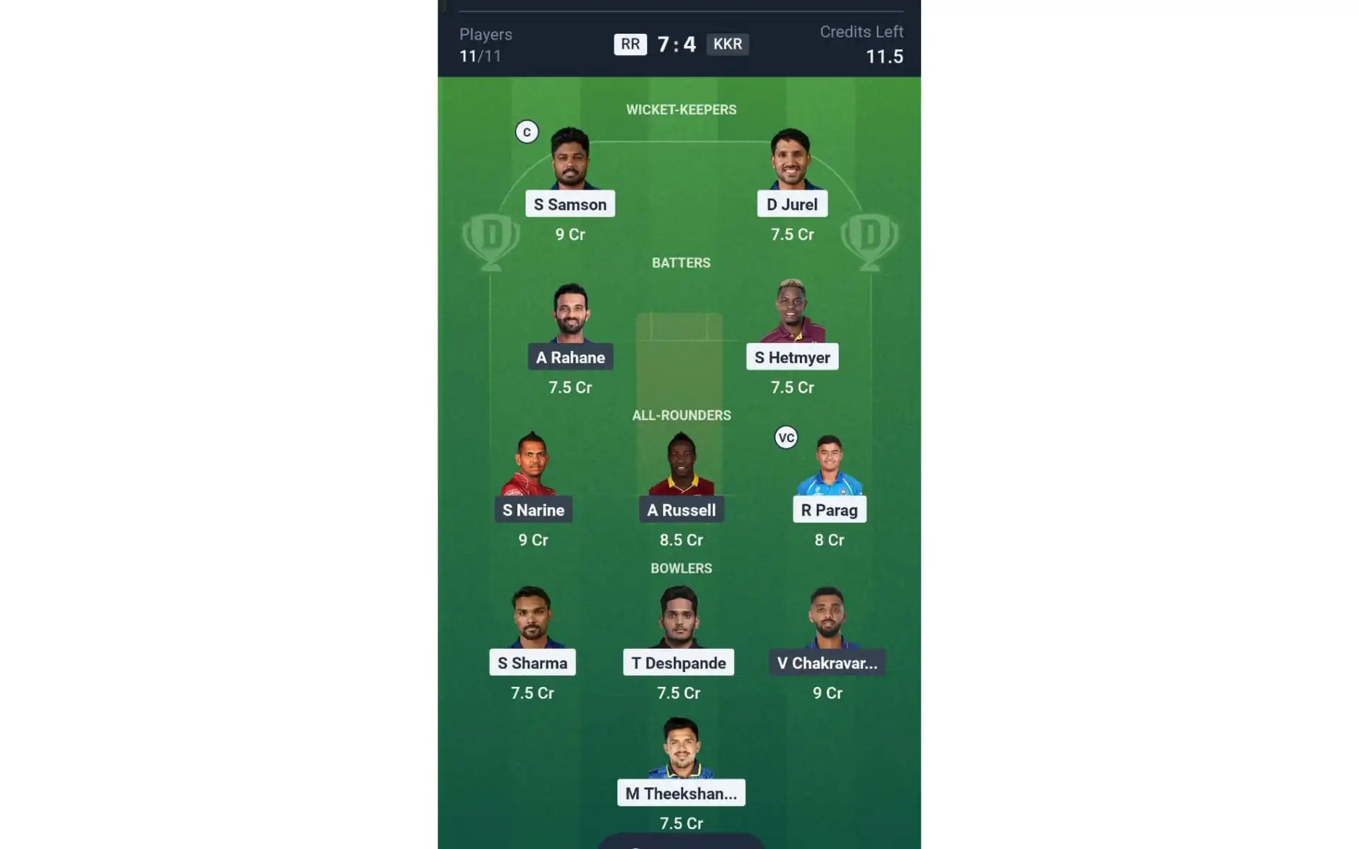 RR vs KKR, IPL 2025 Match: Dream11 Team 1 [Source: @Dream11 App]