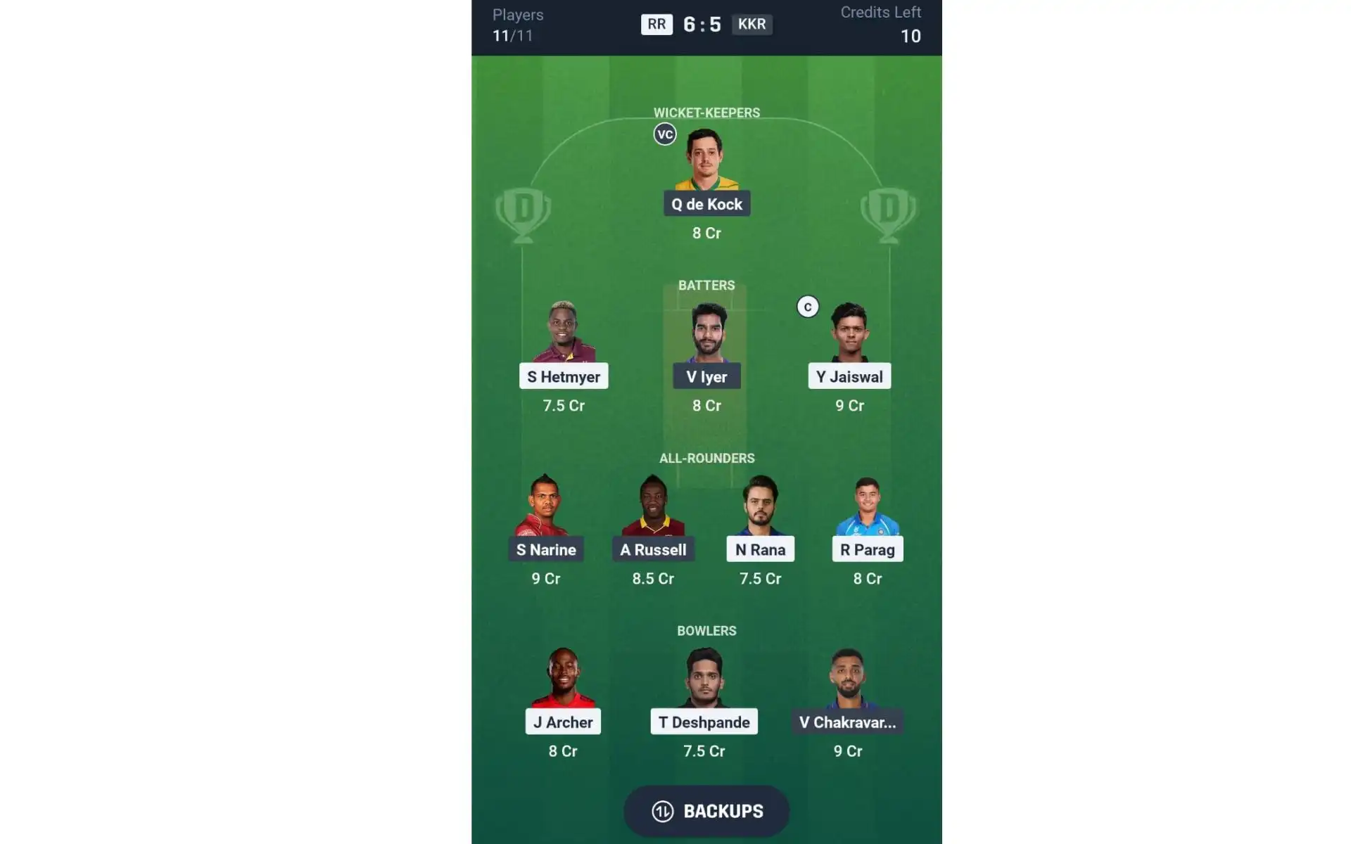 RR vs KKR, IPL 2025 Match: Dream11 Team 2 [Source: @Dream11 App]