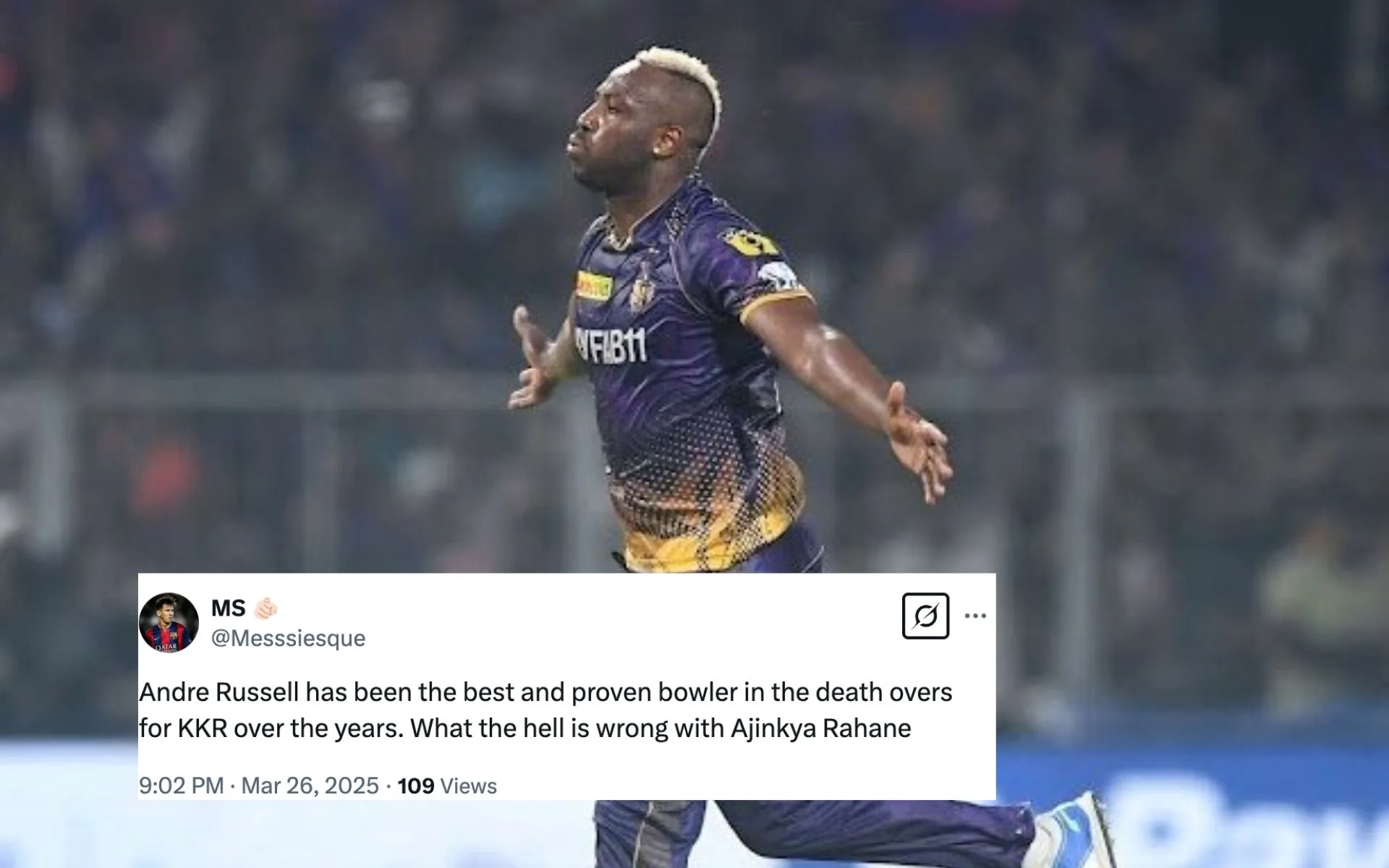 Fans puzzled with Andre Russell's absence from bowling [Source: @mufaddal_vohra, @Messsiesque/X.com]