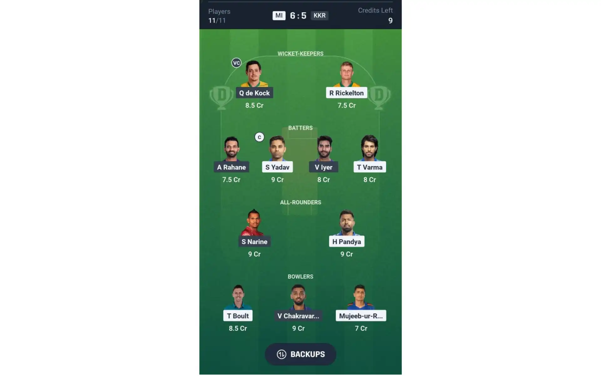 MI vs KKR, IPL 2025: Dream11 Team 1 [Source: @Dream11 App]
