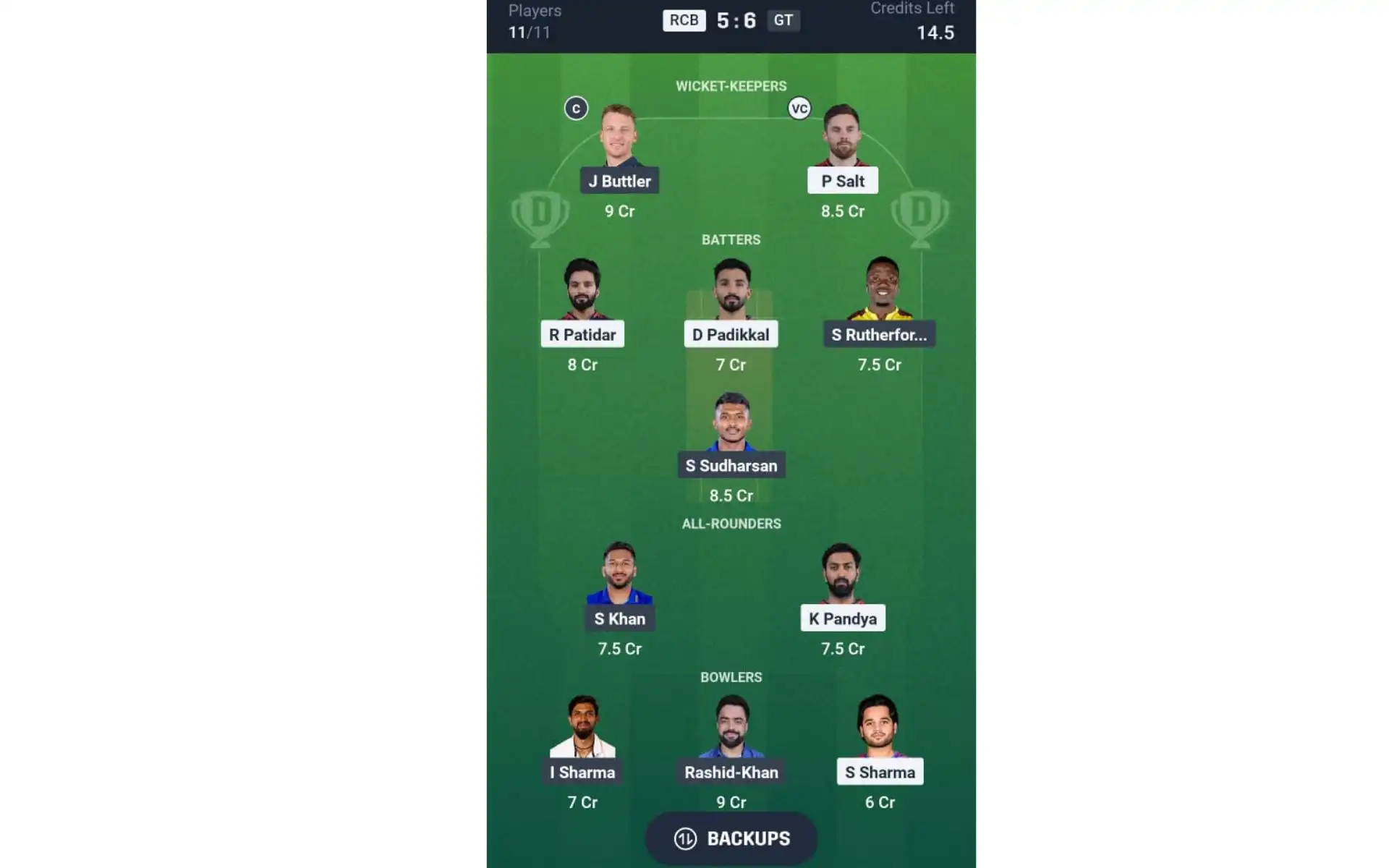 RCB vs GT, IPL 2025: Dream11 Team 2 [Source: Dream11 App]