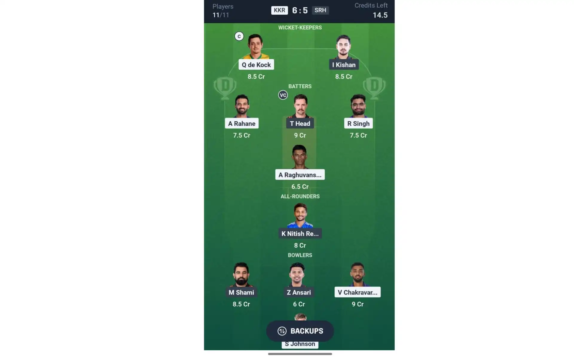 SRH vs KKR, IPL 2025: Dream11 Team 1 [Source: @Dream11 App]