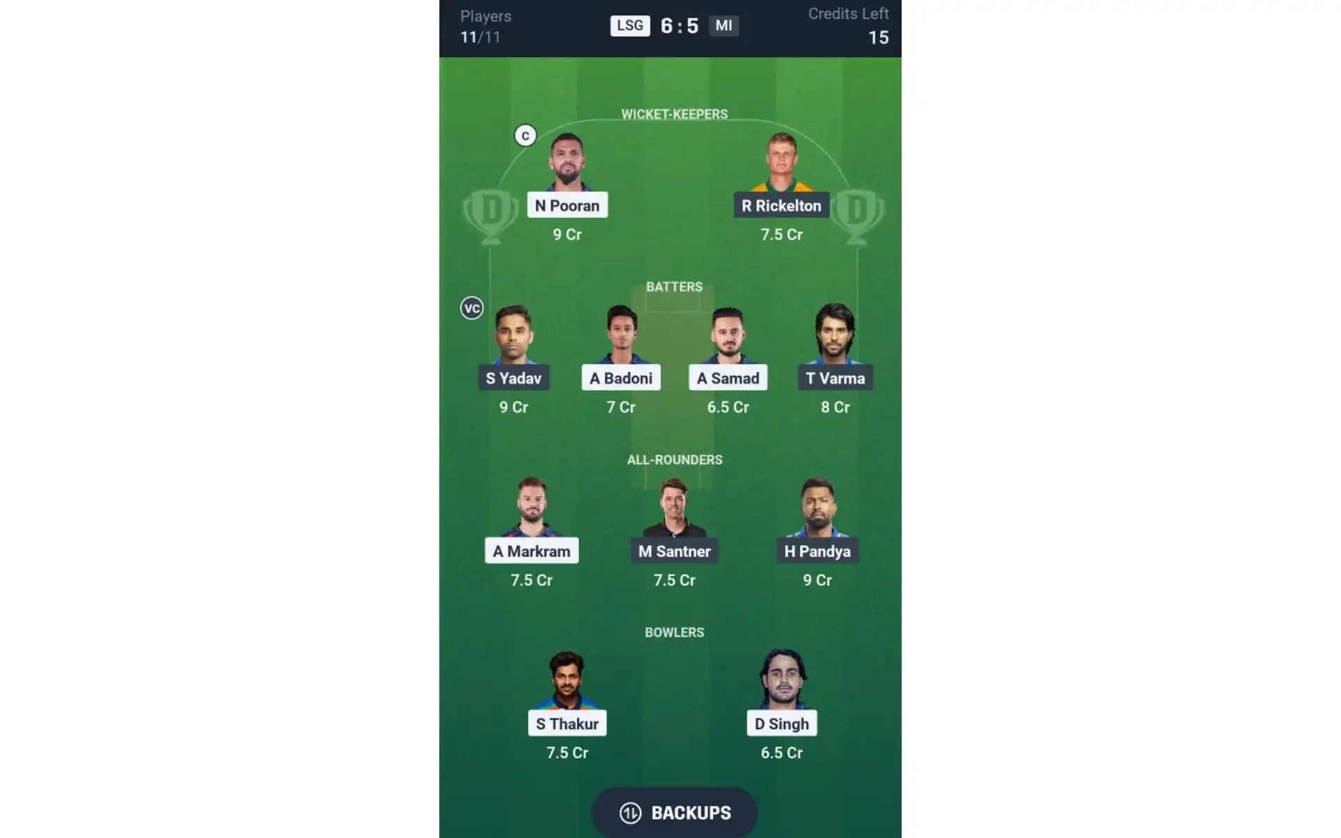 LSG vs MI, Match 16: Dream11 Team 1 [Source: @Dream11 App]