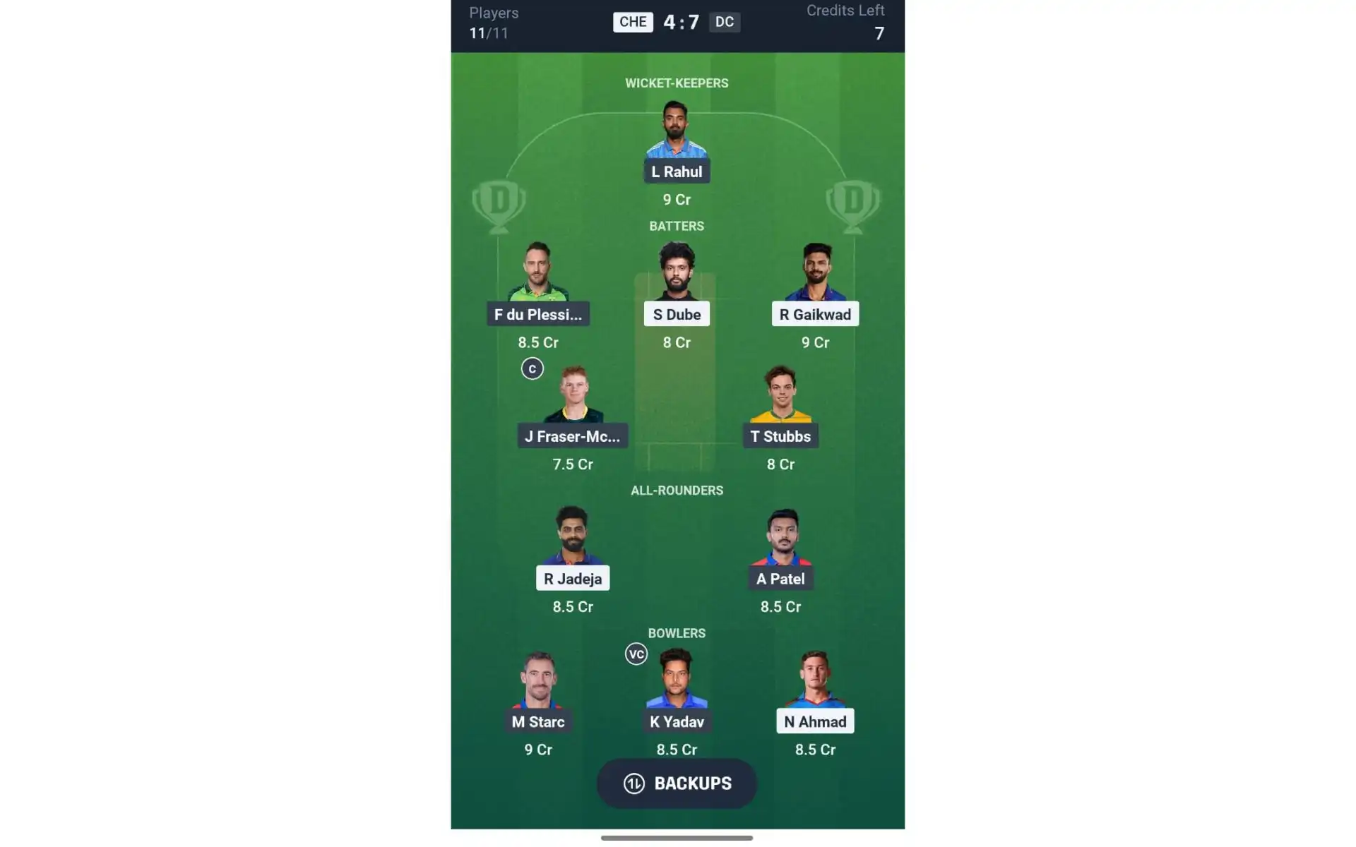CSK vs DC, Match 17: Dream11 Team 1 [Source: @Dream11 App]